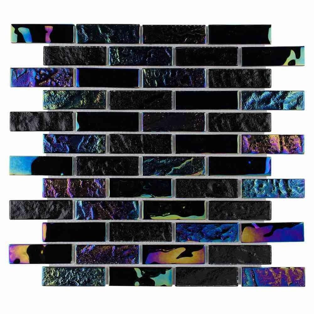 Iridescent Glass Tile - 1x3 Inch Black Mosaic Tiles for Summer Home Decor, Kitchen Backsplash, Bathroom Wall, and DIY Craft Projects