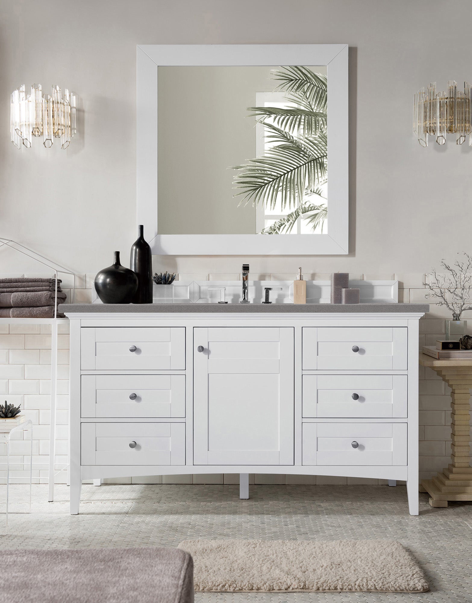 Palisades 60 Inch Single Bathroom Vanity Set with Bright White Finish & 3CM Grey Expo Quartz Countertop - Perfect for Modern Master Bathrooms & Guest Bathroom Remodels