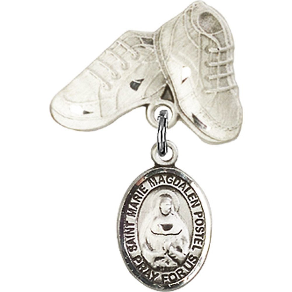 925 Sterling Silver Baby Badge with Marie Magdalen Postel Charm & Baby Boots Pin - 1 x 5/8 Inch - Perfect for Christening Gifts, Baby Showers & First Communion Jewelry