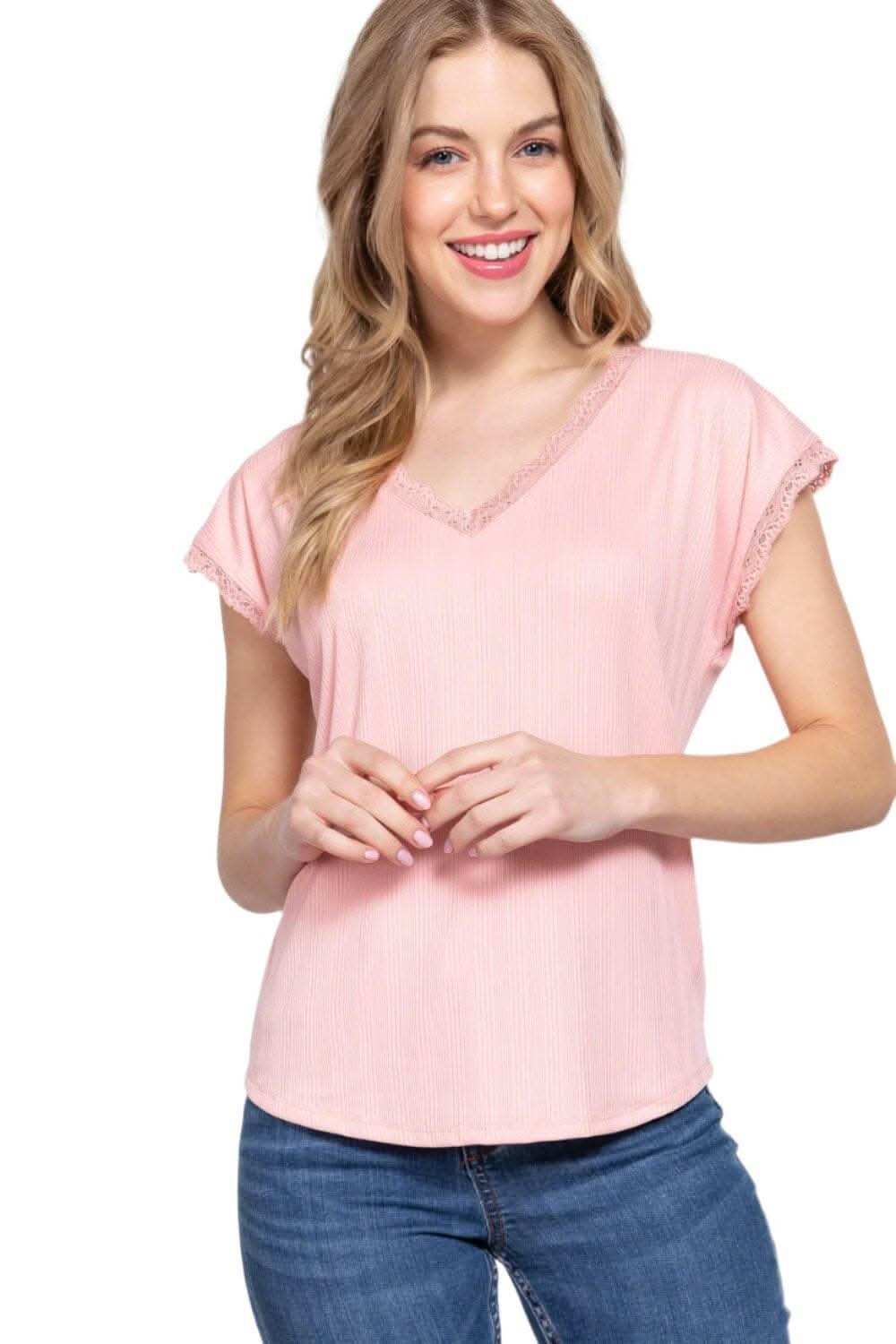 Active Basic Lace Trim V-Neck Top for Women - Casual & Elegant Blouse for Work, Date Night, and Everyday Wear