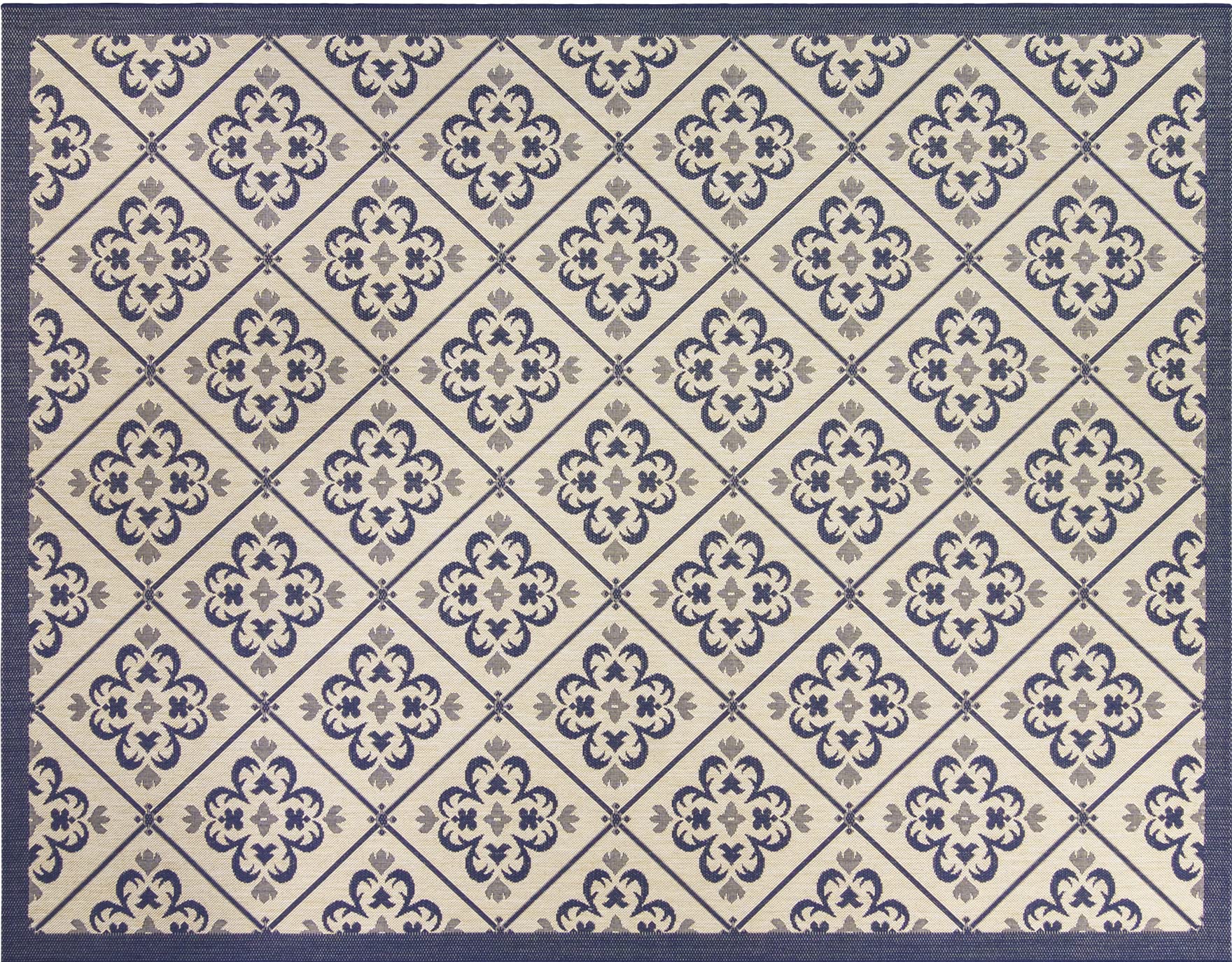 Gertmenian Washable Indoor Outdoor Rug - 8x10 Ft Flatweave Carpet with Diamond Flower Border in Sand Navy Blue | Stain & UV Resistant for Deck, Patio, Poolside & Mudroom | Perfect for High-Traffic Areas, Beach Houses & Pet-Friendly Spaces