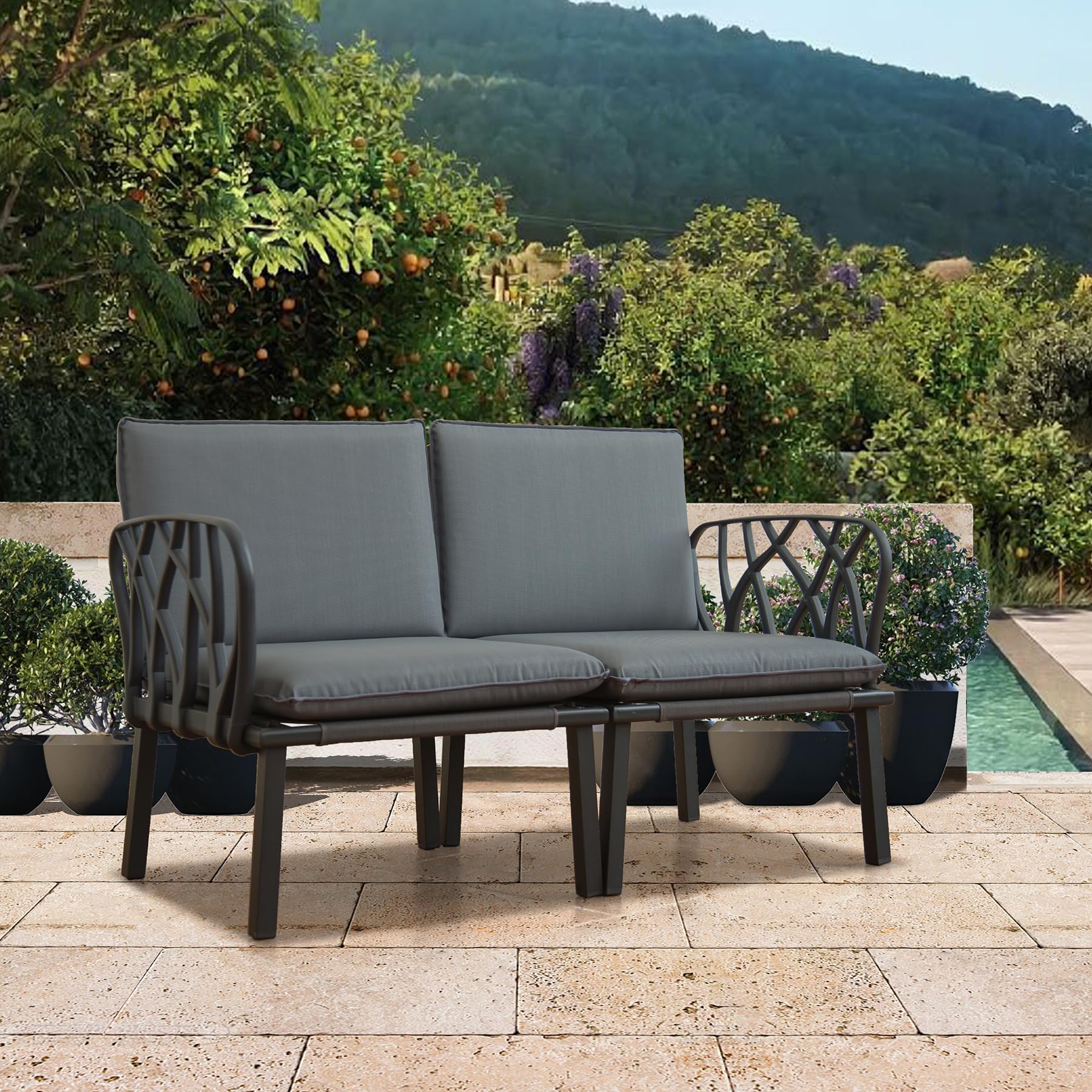 Modern Domi Loveseat Patio Sofa with Removable Gray Cushions - All-Weather Metal & Plastic Outdoor Furniture Set for Balcony, Porch, Lawn - Perfect for Relaxing, Entertaining & Dining Al Fresco