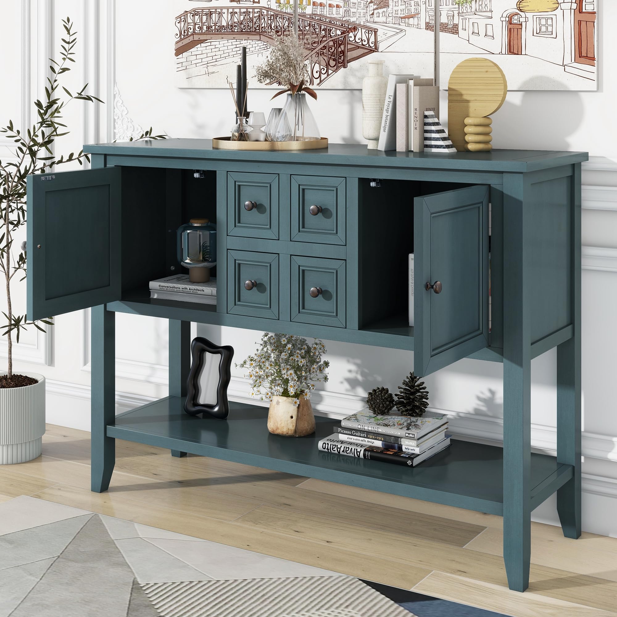 Retro Style Dark Blue Wood Console Table with Bottom Shelf & Storage Drawers - Buffet Sideboard for Living Room, Kitchen, or Entryway - Perfect for Home Decor & Extra Storage Space
