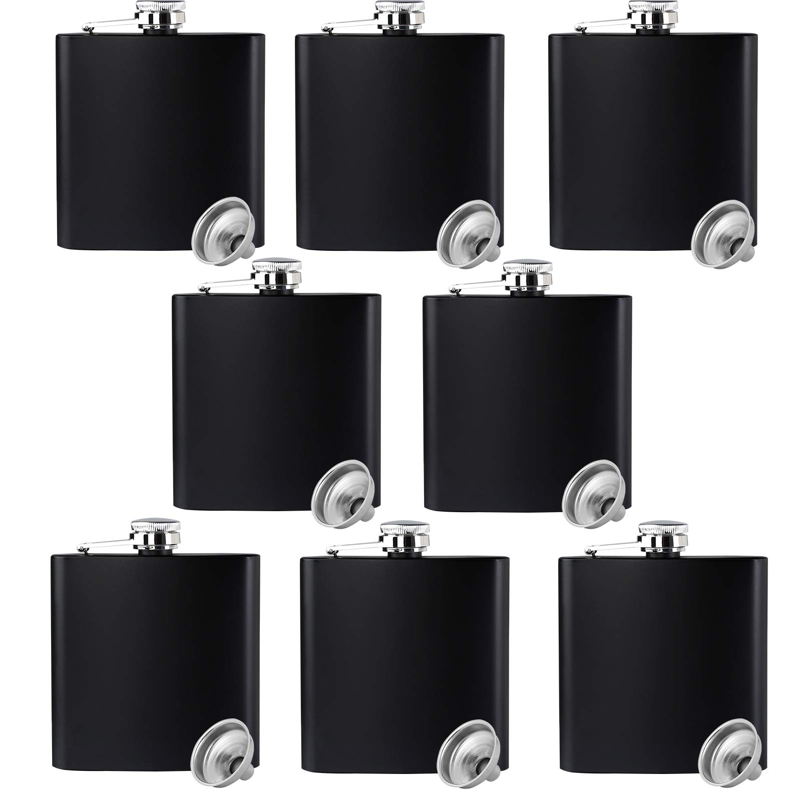 Premium 6 Oz Black Stainless Steel Flask with Funnel - Set of 8 - Perfect for Outdoor Adventures, Camping, Travel & Gifts