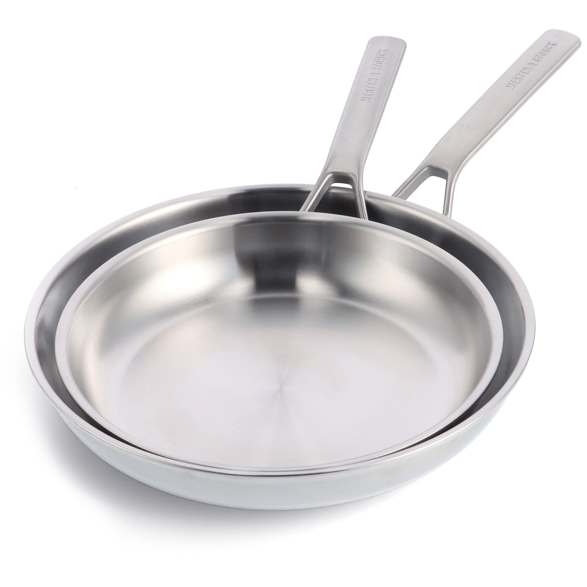 Merten & Storck Tri-Ply Stainless Steel 10” & 12” Frying Pan Skillet Set - Professional Multi-Clad Cookware with Even Heat Distribution, Drip-Free Pouring Edges, Induction Compatible - Perfect for Browning, Searing & Sauteing - Oven & Dishwasher Safe for Easy Cleaning