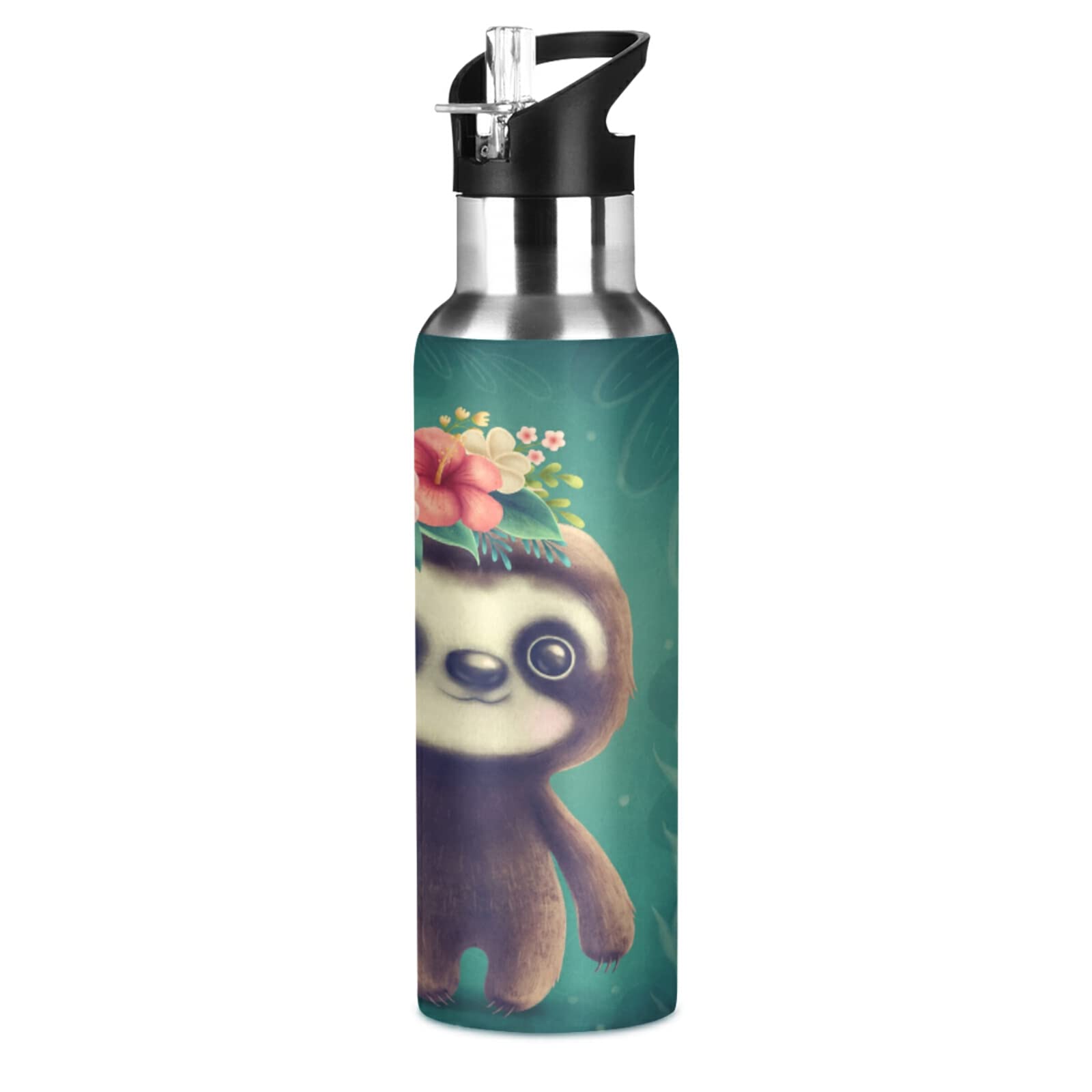 Senya 20 oz Stainless Steel Water Bottle with Straw Lid - Insulated Thermos for Kids, Sports, Gym, Office, Outdoor & School Use - Leakproof & Durable (Sloth Garland Design)