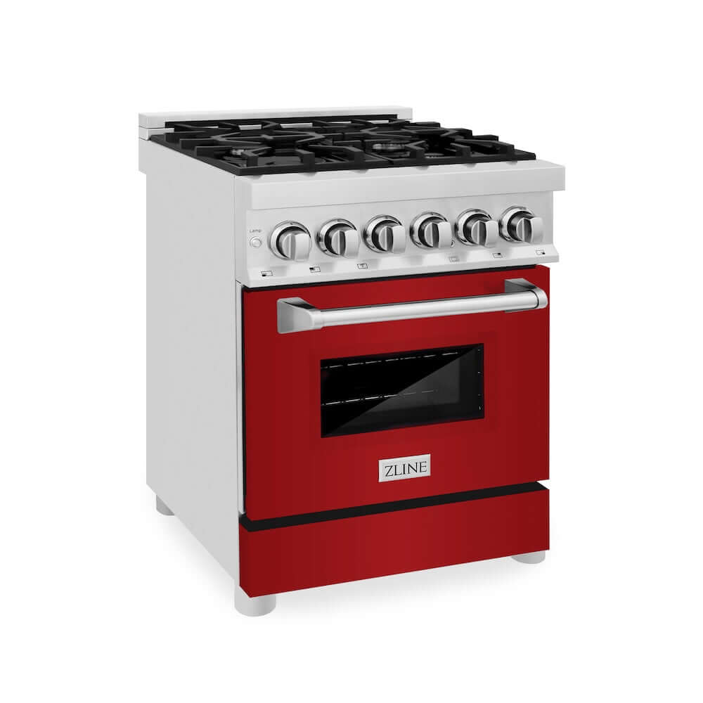 ZLINE 24 Inch 2.8 Cu. Ft. Dual Fuel Range with 4 Burner Gas Cooktop & Electric Convection Oven - Stainless Steel with Red Gloss Door (RA RG 24) | Perfect for Modern Kitchens, Home Chefs & Gourmet Cooking