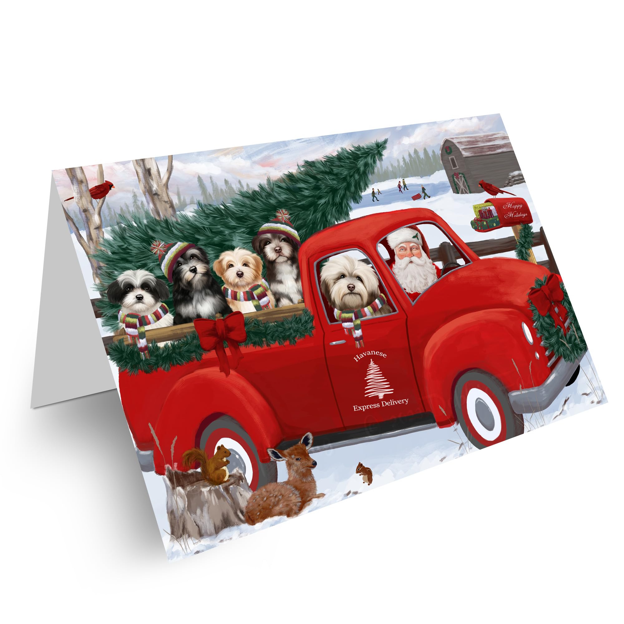 Christmas Santa Express Delivery Red Truck Havanese Dog Greeting Cards - 10 Adorable Pet Invitation Cards with Envelopes - Festive Pet Artwork Holiday Cards GCD68957 for Dog Lovers & Christmas Celebrations