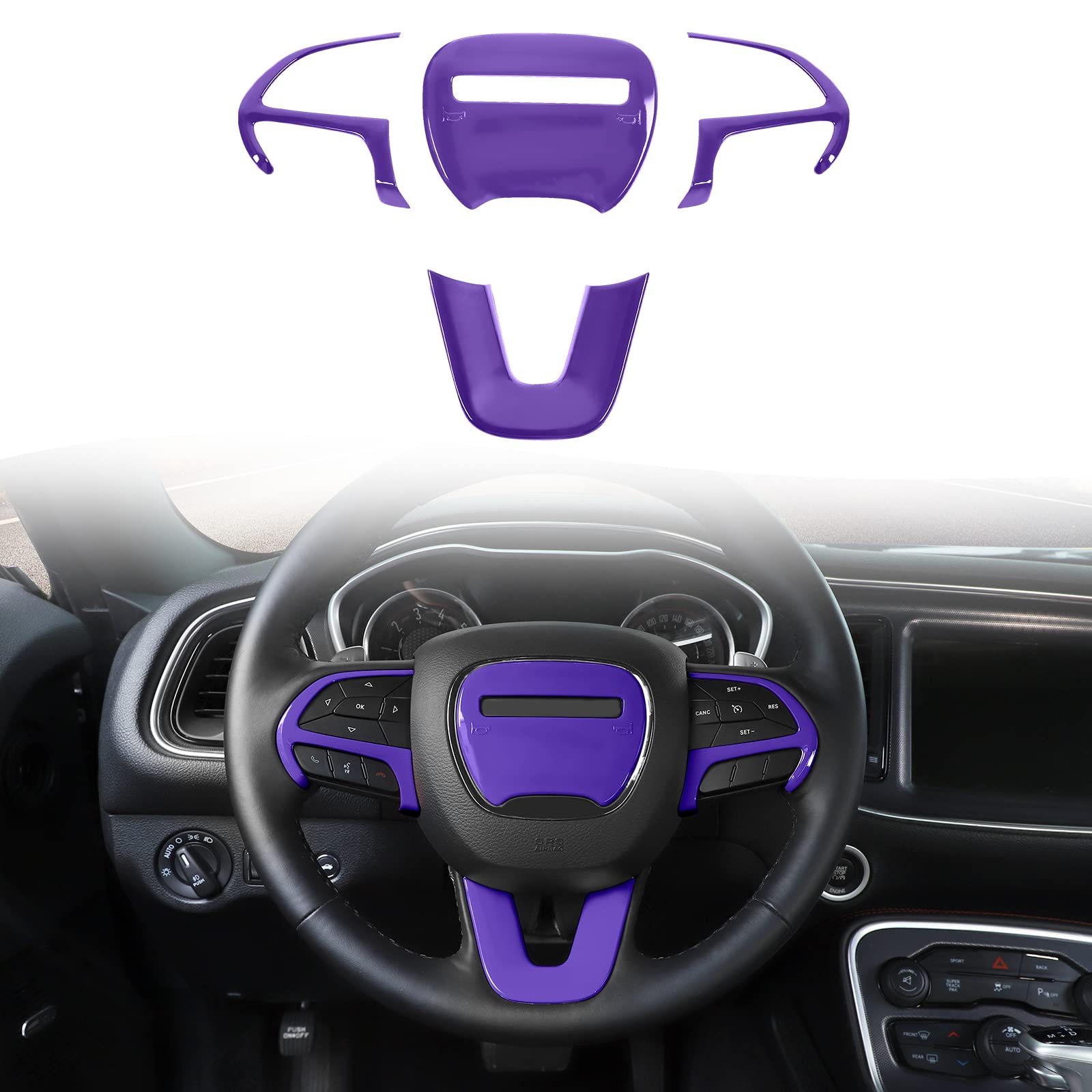 Voodonala Steering Wheel Cover Trim Kit for 2015-2022 Dodge Challenger & Charger - Bright Purple (4-Piece Set) | Premium Interior Accessories for Car Customization & Comfort Driving