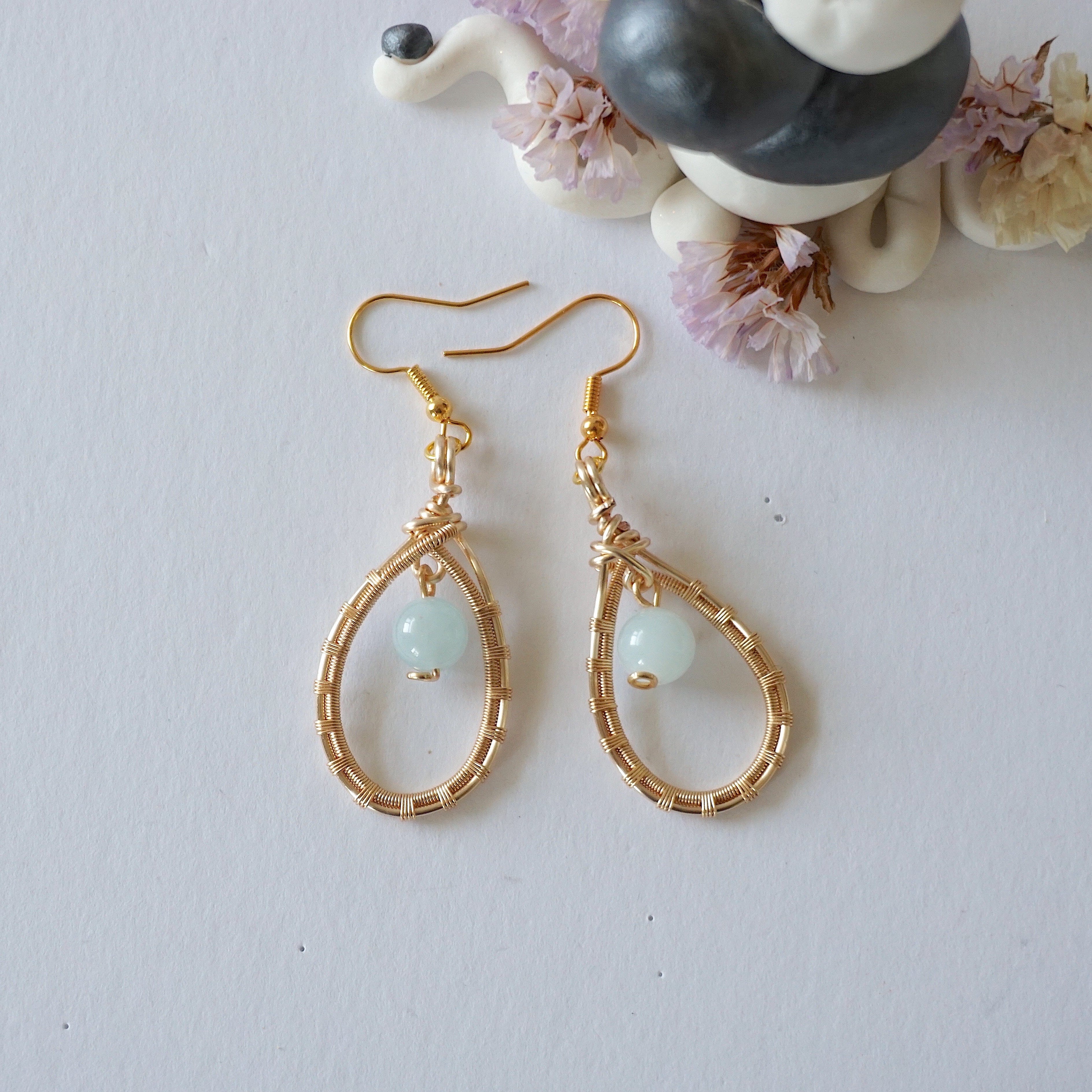 Aquamarine Round Wire Earrings - Gold Plated Sterling Silver Dangle Earrings for Women | Elegant Jewelry Gift for Birthday, Wedding & Everyday Wear