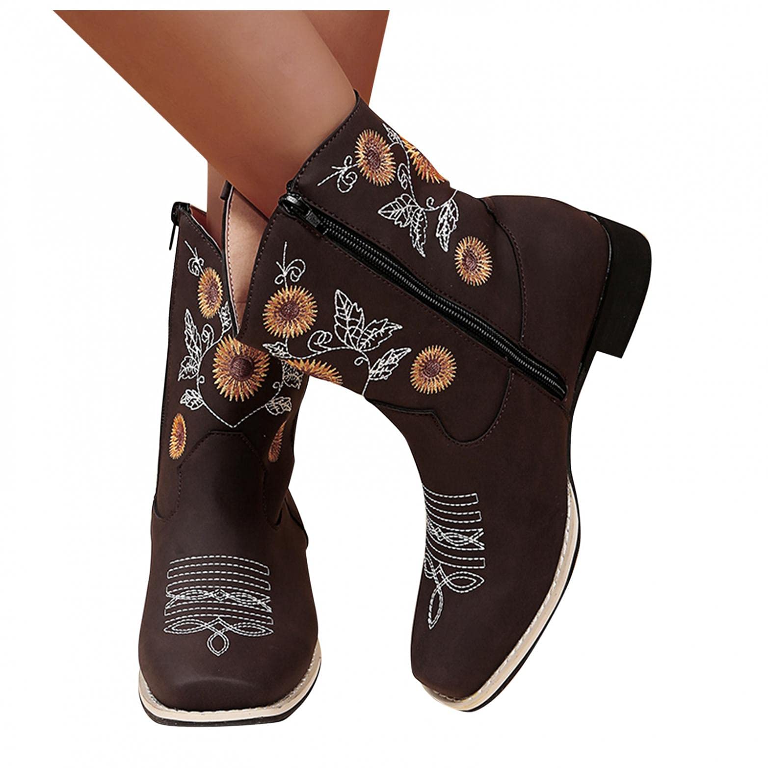 AIHOU Women's Cowgirl Boots - Embroidered Pointed Toe Slip On Platform Ankle Booties for Winter | Western Fashion, Casual Outfits & Country Style