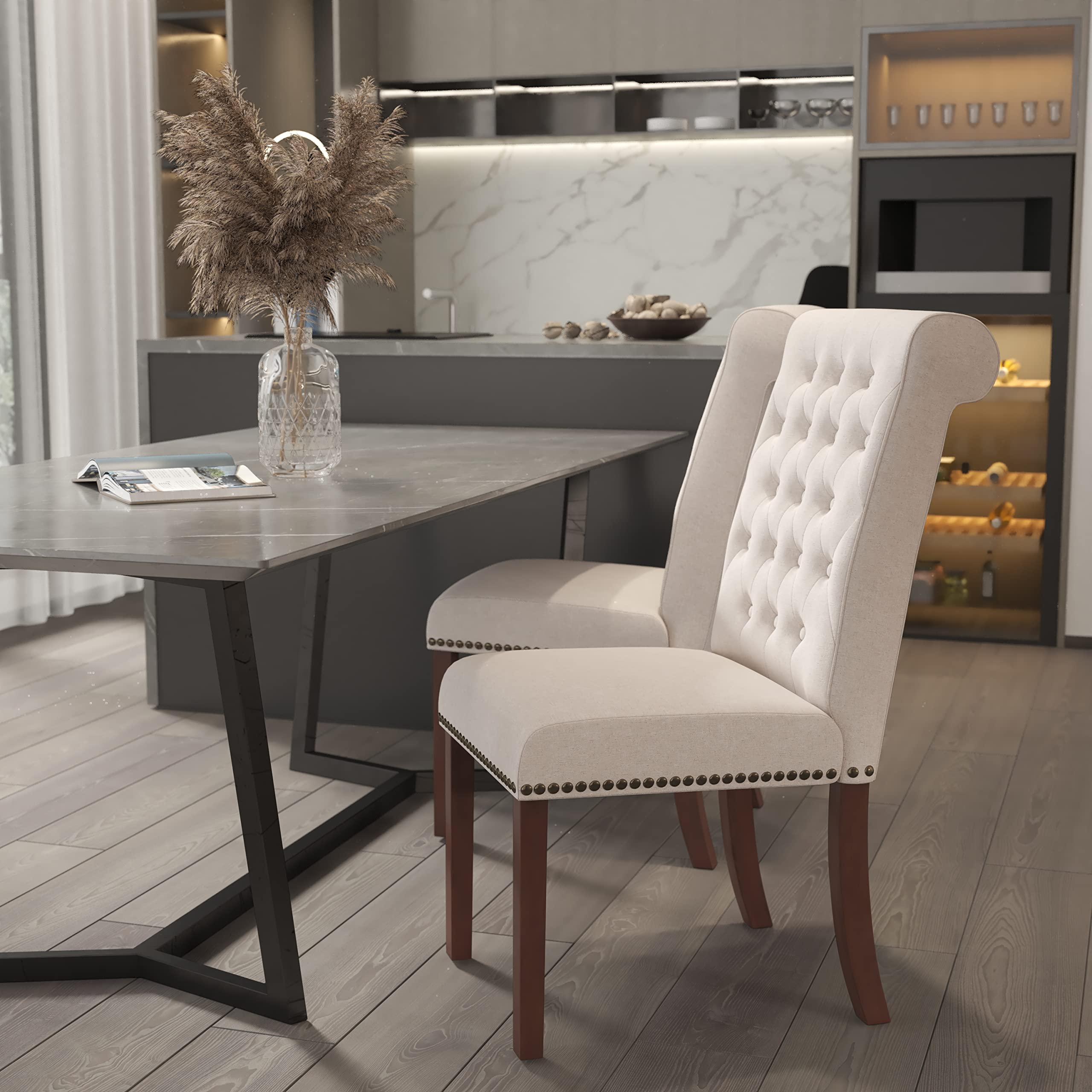 EMMA & OLIVER Beige Fabric Parsons Dining Chair with Rolled Back & Nailhead Trim - Perfect for Dining Room, Kitchen, Office or Wedding Decor