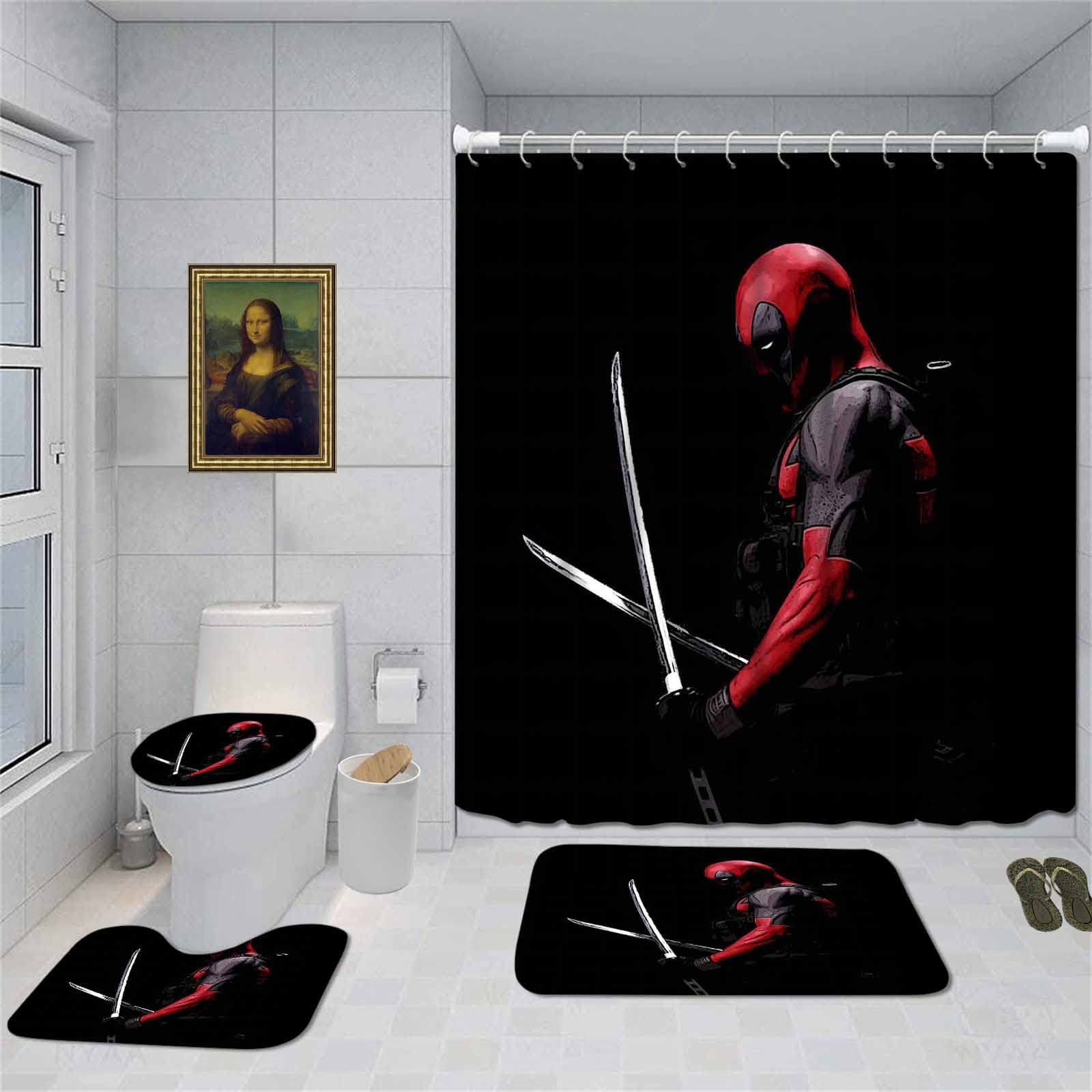 Deadpool Superhero 4-Piece Bathroom Set - Waterproof Shower Curtain (72x72 Inch), Non-Slip Rugs & Toilet Lid Cover with 12 Hooks - Cartoon Theme Decor for Kids & Adults - Perfect for Comic Fan Bathrooms & Themed Home Decor