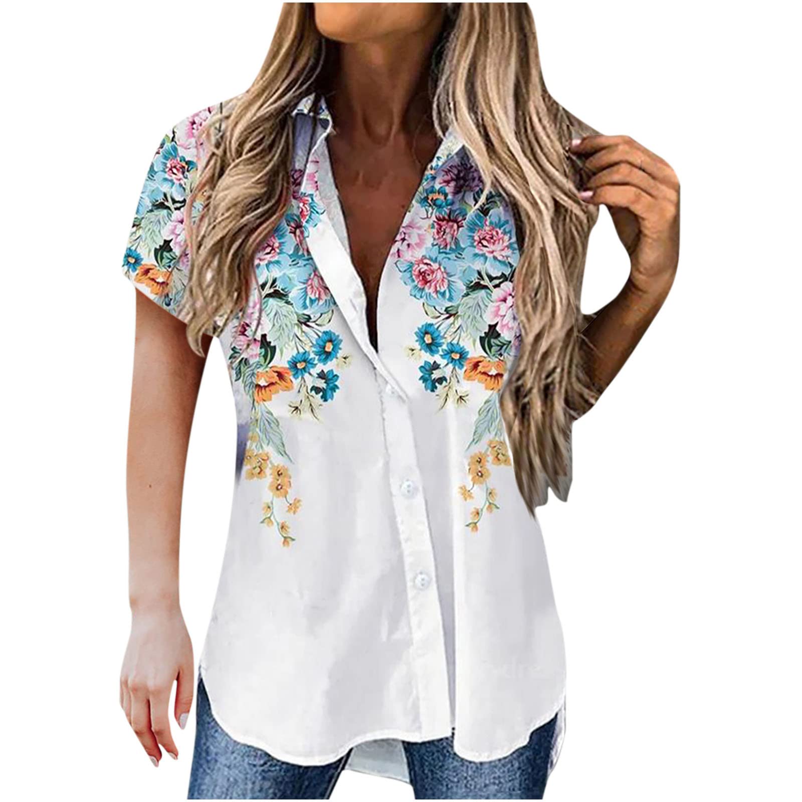 Floral Print V-Neck Blouse for Women - Casual Short Sleeve Top for Office & Outings