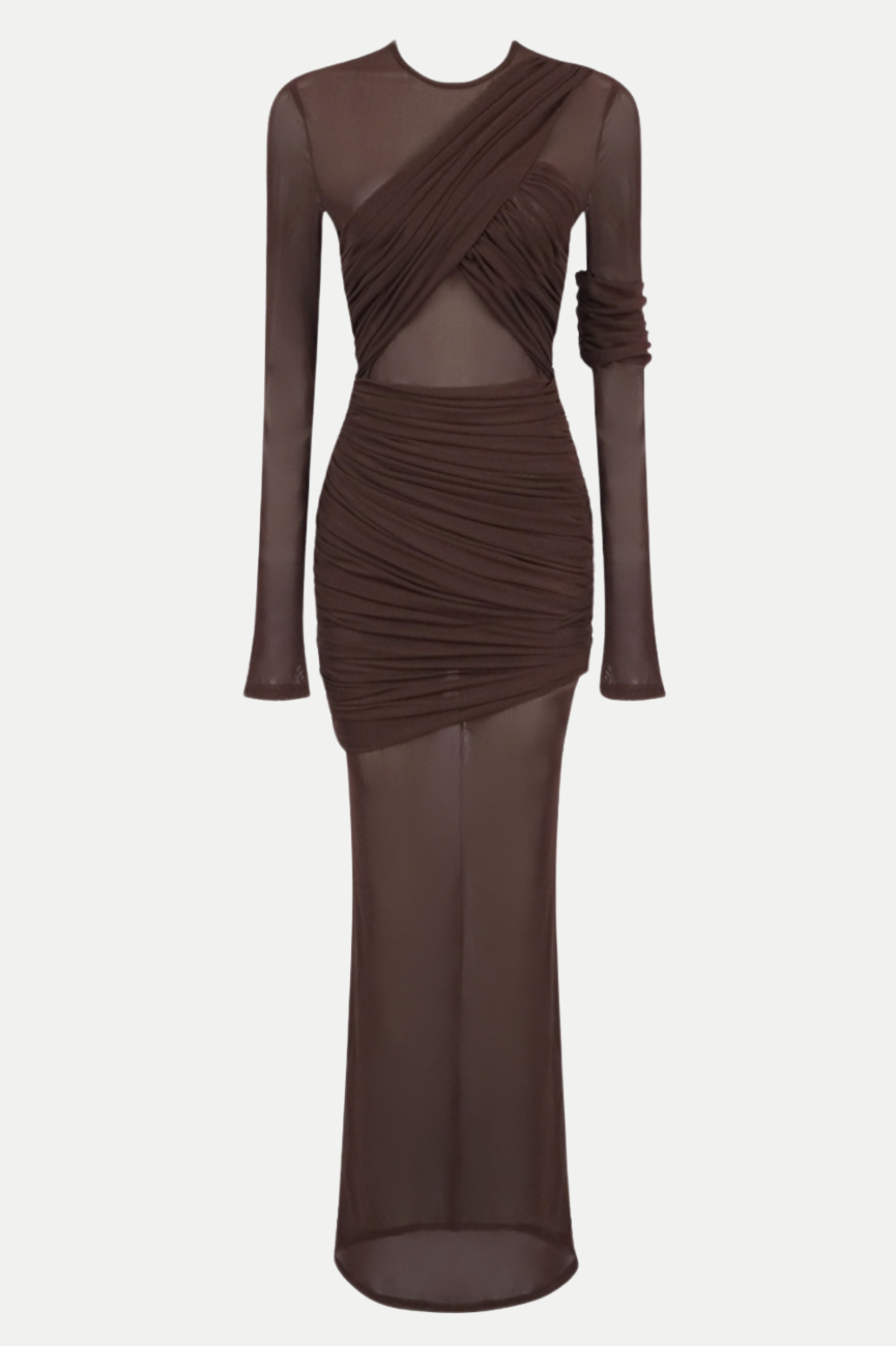 Jolleen Women's Ruched Mesh Maxi Dress - Elegant Brown Long Flowy Dress for Evening Parties, Weddings & Special Occasions