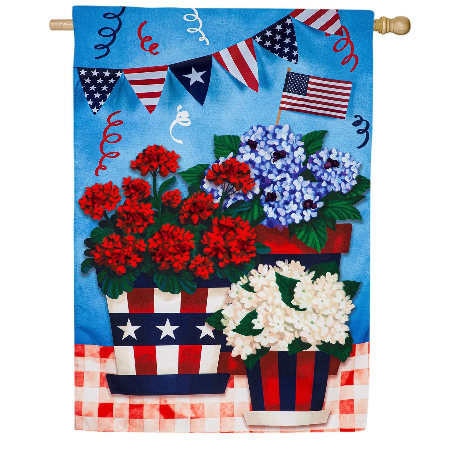 Evergreen Linen House Flag with Patriotic Flower Pot Design - Perfect for Garden Decor, Front Yard Display, and Seasonal Home Decoration
