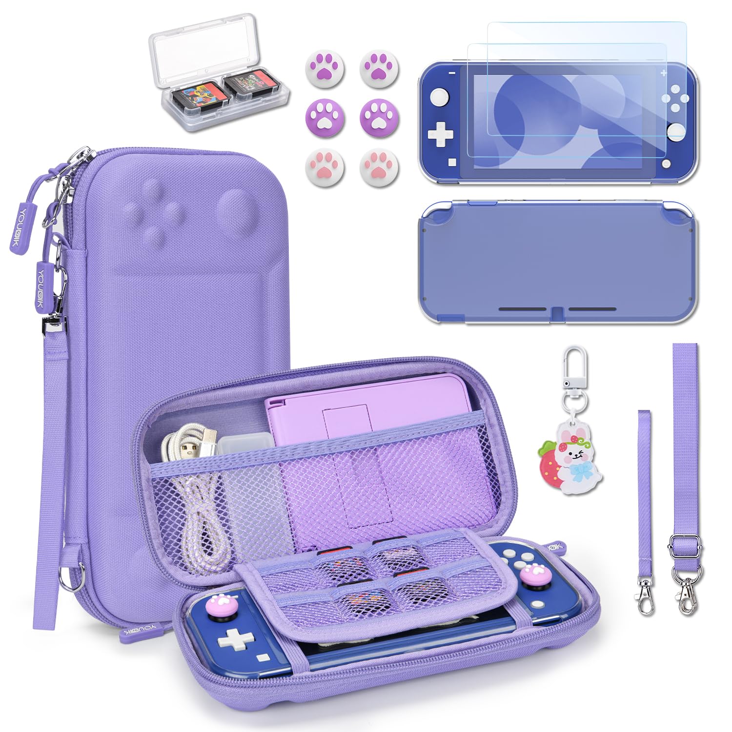 Younik Switch Lite Case - 14-in-1 Accessories Kit with Protective Cover, Game Card Holder, Screen Protectors & Thumb Grips - Portable Carrying Case for Nintendo Switch Lite (Purple) - Perfect for Travel, Gaming On-The-Go & Console Protection
