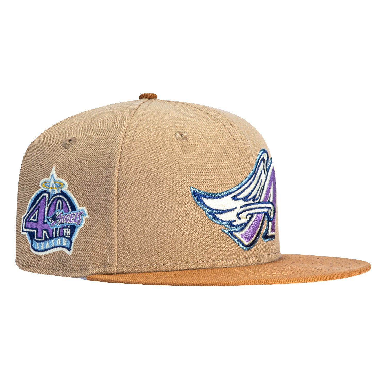 New Era 59Fifty MLB Los Angeles Angels 40th Anniversary Patch Snapback Hat - Tan/Khaki Baseball Cap for Men, Women - Perfect for Games, Fan Gear & Streetwear Fashion