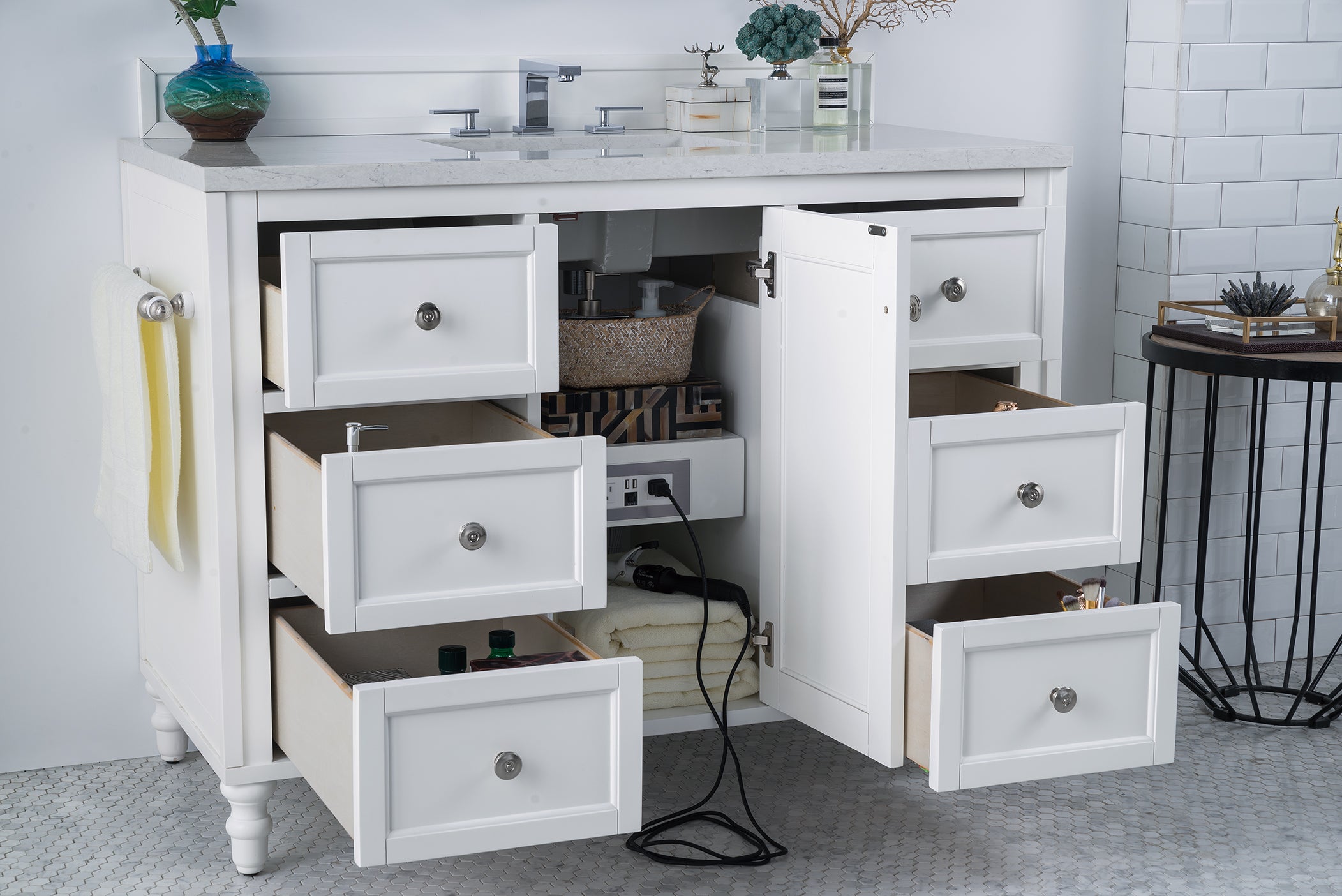 Copper Cove Encore 48 Inch Single Bathroom Vanity Set with Eternal Jasmine Pearl Quartz Top - Bright White Finish - Perfect for Modern Master Bathrooms and Powder Rooms