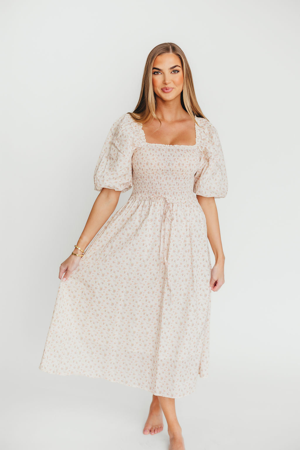 Maeve Women's 100% Cotton Puff Sleeve Midi Dress - Dainty Pink Floral Print | Casual Summer Dress for Beach, Garden Parties & Date Nights