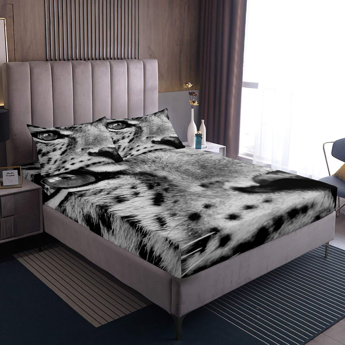 3D Leopard Print Kids Fitted Sheet Set - Wild Animal Theme Grey Cheetah Pattern Duvet Cover - Soft Microfiber Full Size 3-Piece Bedding (1 Fitted Sheet + 2 Pillowcases) - Perfect for Jungle Themed Bedrooms, Kids Rooms & Nursery Decor