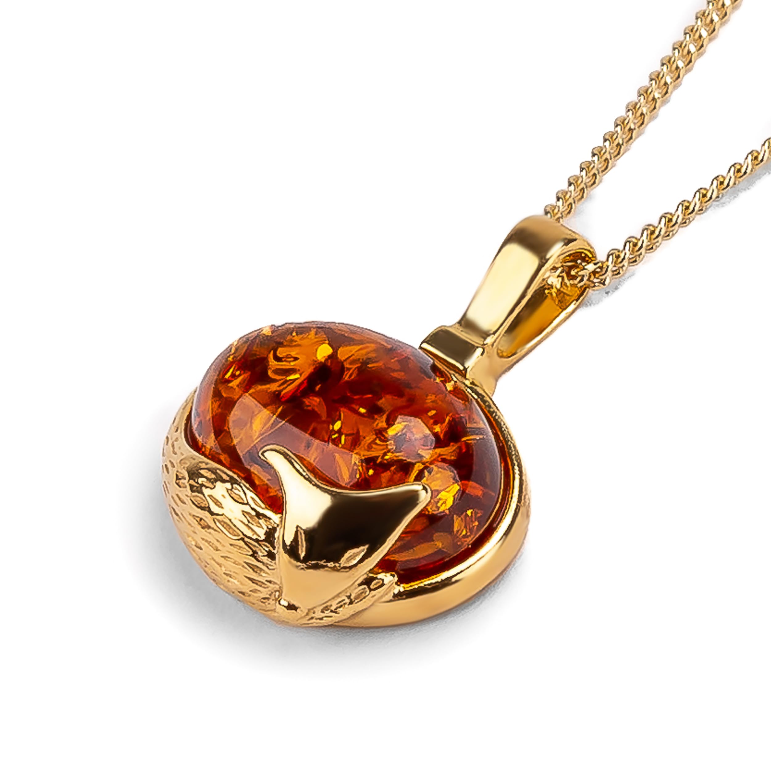 925 Sterling Silver & 24K Gold Plated Sleeping Fox Necklace with Baltic Amber - 18