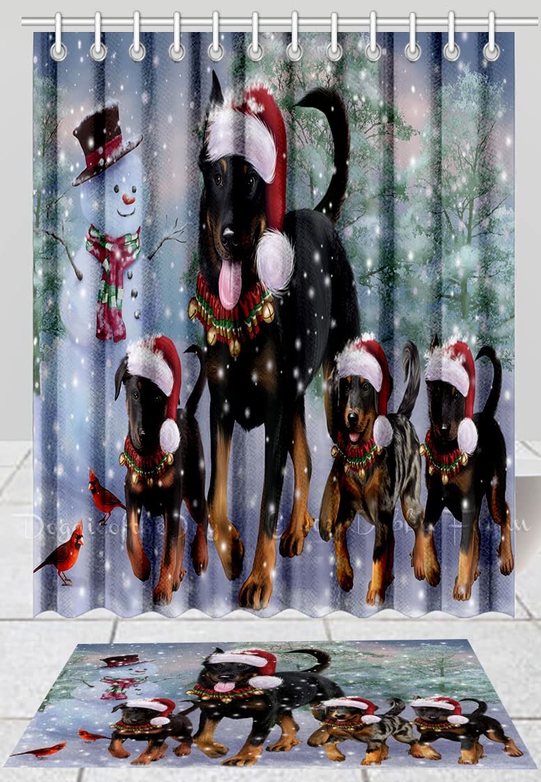 Christmas Themed Beauceron Dog Shower Curtain & Bath Mat Set - Anti-Slip Polyester Bathroom Decor with Hooks (Bath Mat 16