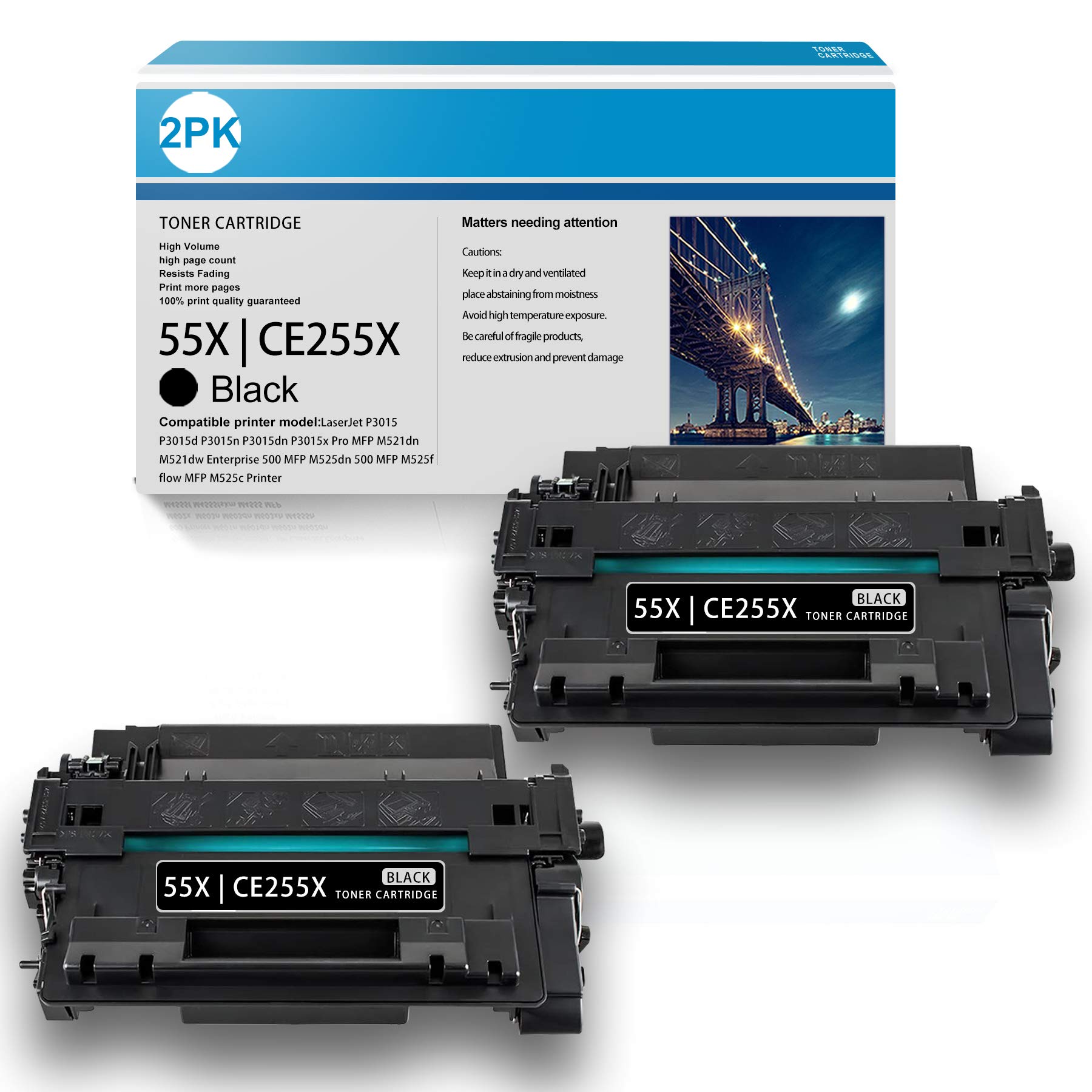 2 Pack Black High Yield Toner Cartridge CE255X Replacement for HP P3015 P3015n P3015dn P3015x Pro MFP M521dn M521dw Enterprise 500 MFP M525dn M525f Flow MFP M525c Printer - Compatible with Office & Home Printing, High Volume Documents & Professional Use
