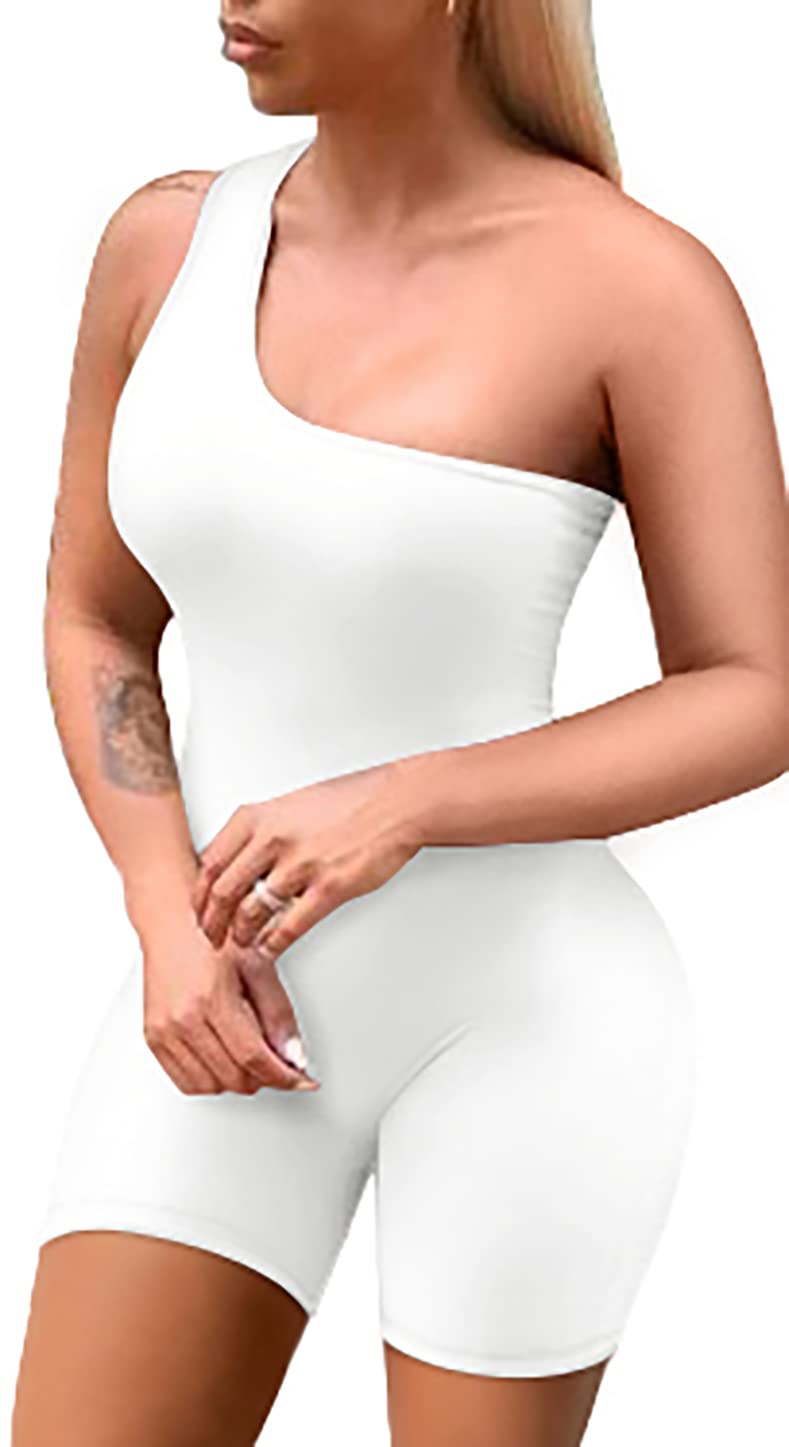 GOBLES Women's Sexy One Shoulder Sleeveless Bodycon Jumpsuit - Stretchy Short Romper for Night Out, Party & Summer Vacation