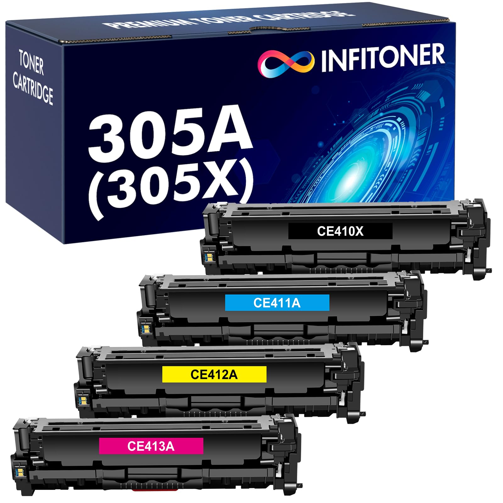 HP 305A 305X CE410X CE411A CE412A CE413A Compatible Toner Cartridge 4-Pack - Black, Cyan, Yellow, Magenta for LaserJet Pro 400 M451nw M475dn M476nw M351 M451 M475 Printers | High-Yield Replacement | Perfect for Office & Home Printing Needs
