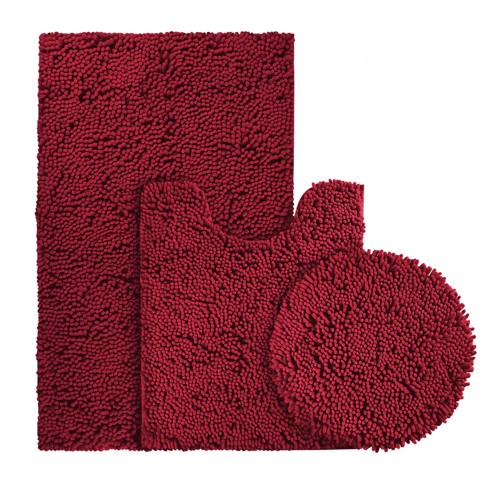 BYSURE 3-Piece Burgundy Bathroom Rug Set with Non-Slip Toilet Lid Cover - Super Absorbent Shaggy Chenille Bath Mats for Soft & Dry Bathroom Floor - Perfect for Master Bath, Guest Bath & Powder Rooms
