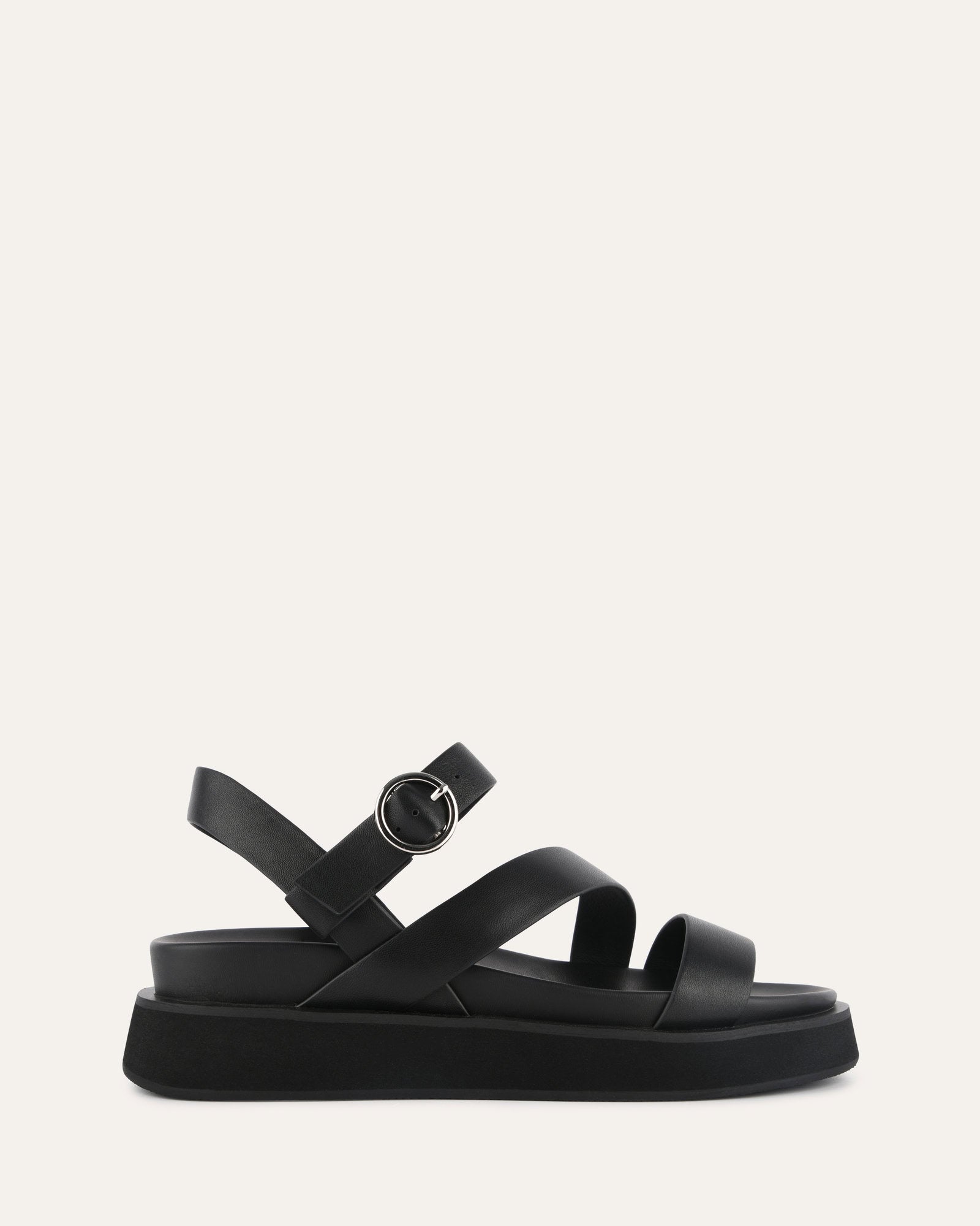 MARAIS Women's Black Leather Flat Sandals - Comfortable Casual Summer Shoes for Walking, Beach, and Travel