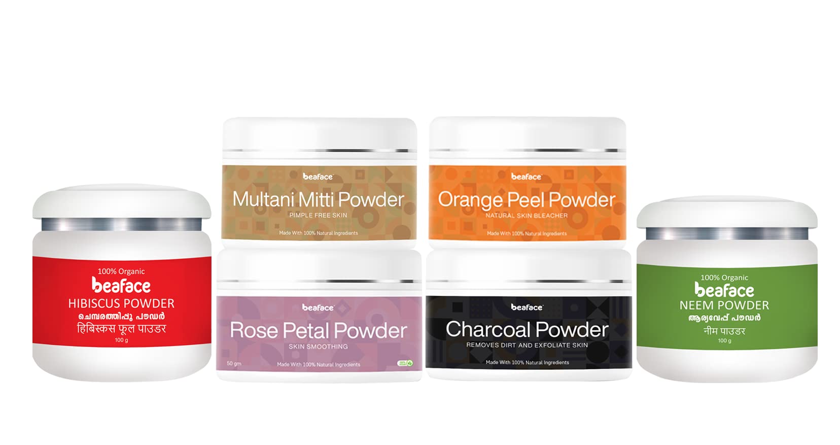Beaface Skin Glowing Combo Pack - 100% Natural Face Mask Powder Set (6 x 100g) | Hibiscus, Multani Mitti, Orange Peel, Rose Petal, Charcoal & Neem Powder | Brightening, Exfoliating & Detoxifying Facial Treatment for Glowing Skin | Perfect for Spa Day, Self-Care Routine & Gift Giving