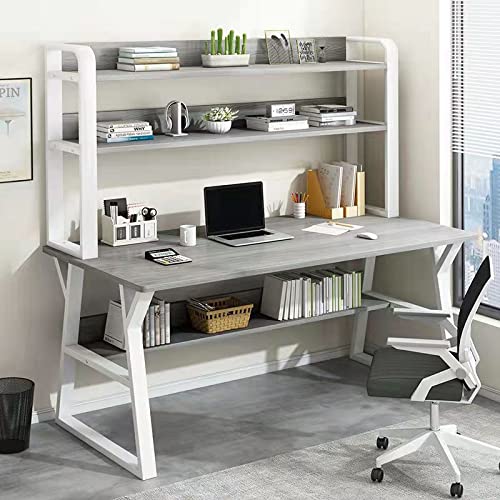 Upgraded Office Desk with Locker & Bookshelf - Space-Saving Gray Computer Desk for Work & Gaming
