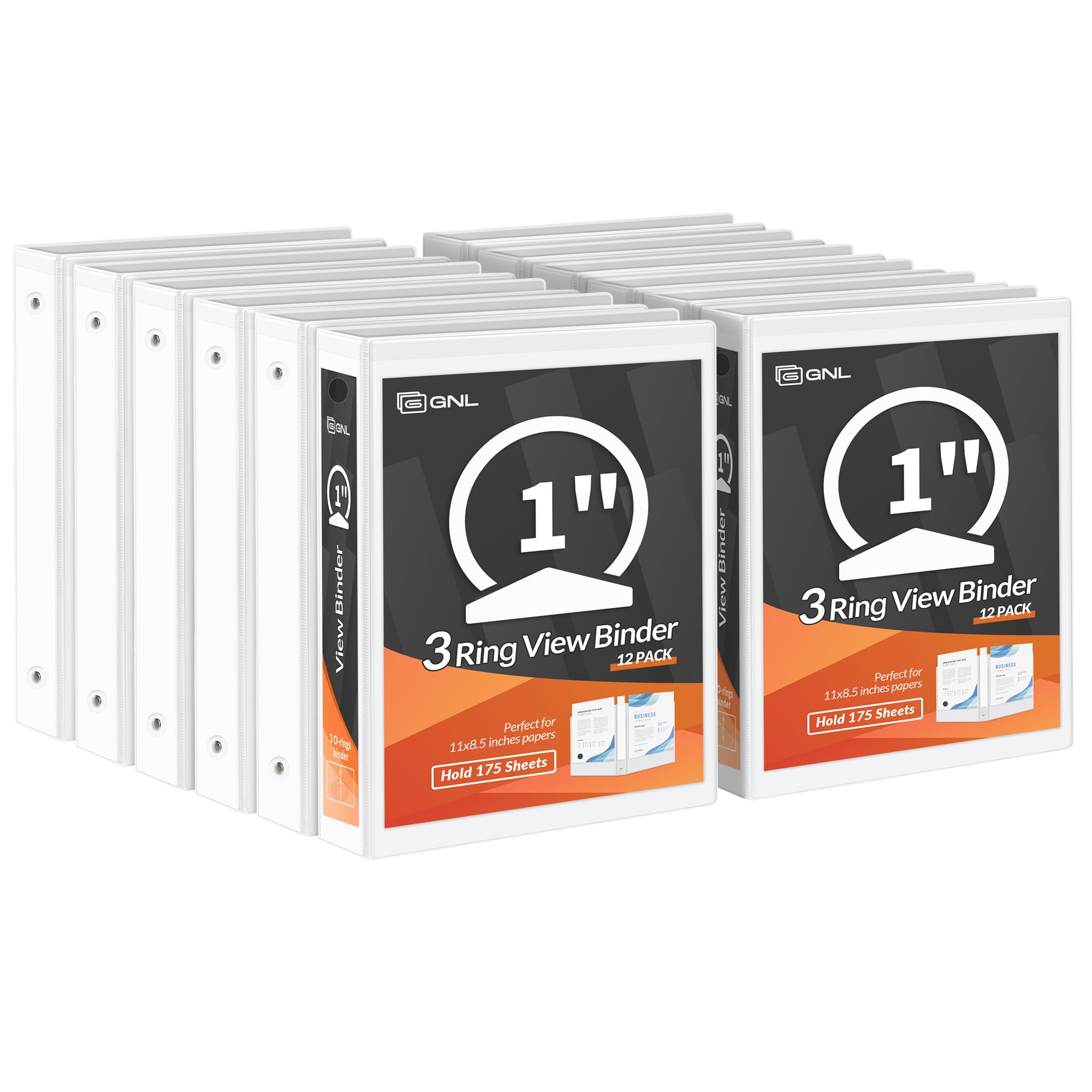 GNL 1 Inch 3-Ring Binders - 12 Pack Bulk, PVC-Free Clear View Binders for School & Office Supplies, White-Gray | Durable Non-Stick Round Ring Binders for Organizing Documents, Presentations & Reports