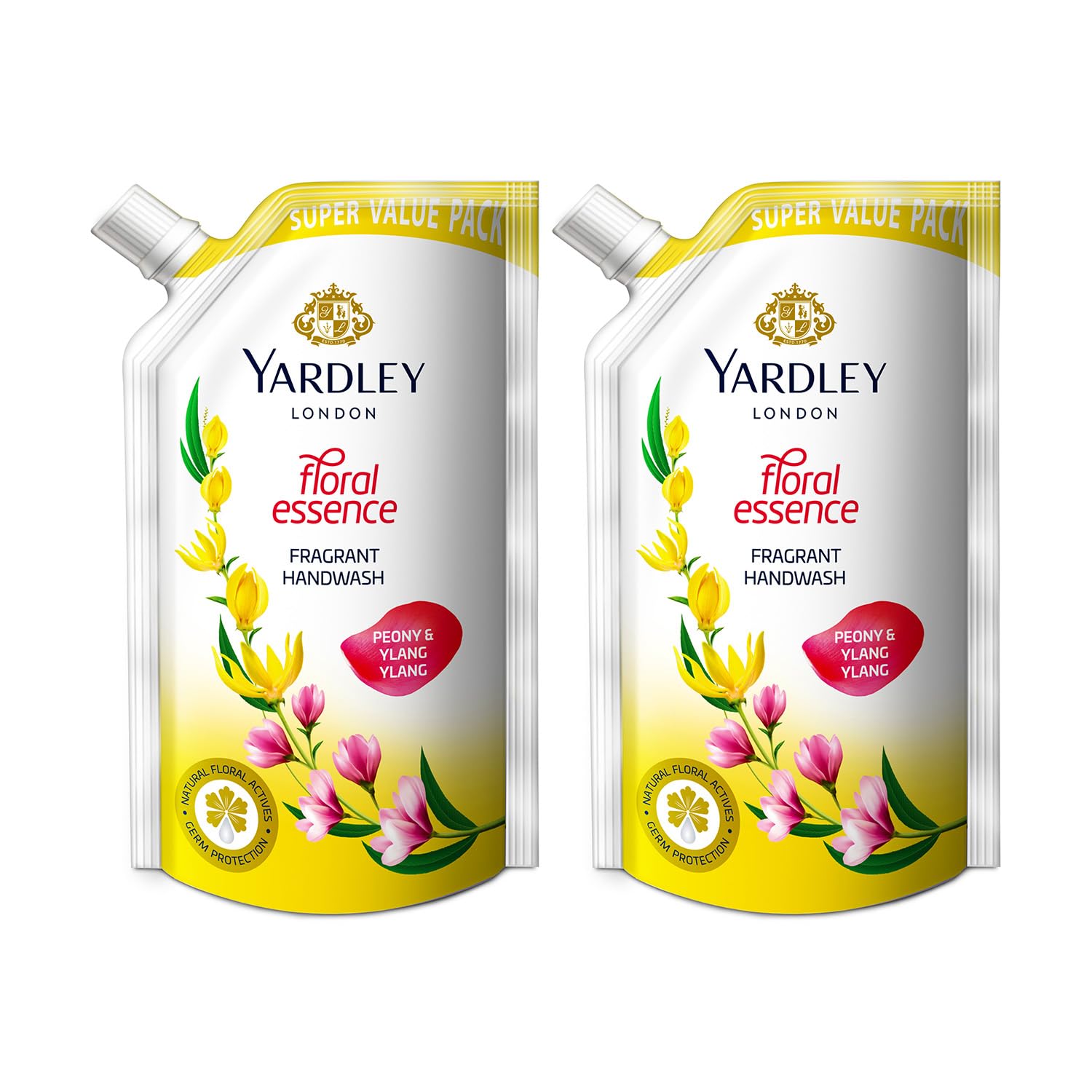 Yardley London Floral Essence Peony & Ylang Ylang Hand Wash Refill - 675ml (2 Pack) | Gentle Moisturizing Liquid Soap for Bathroom, Kitchen & Guest Use | Floral Scented Handwash for Home & Office
