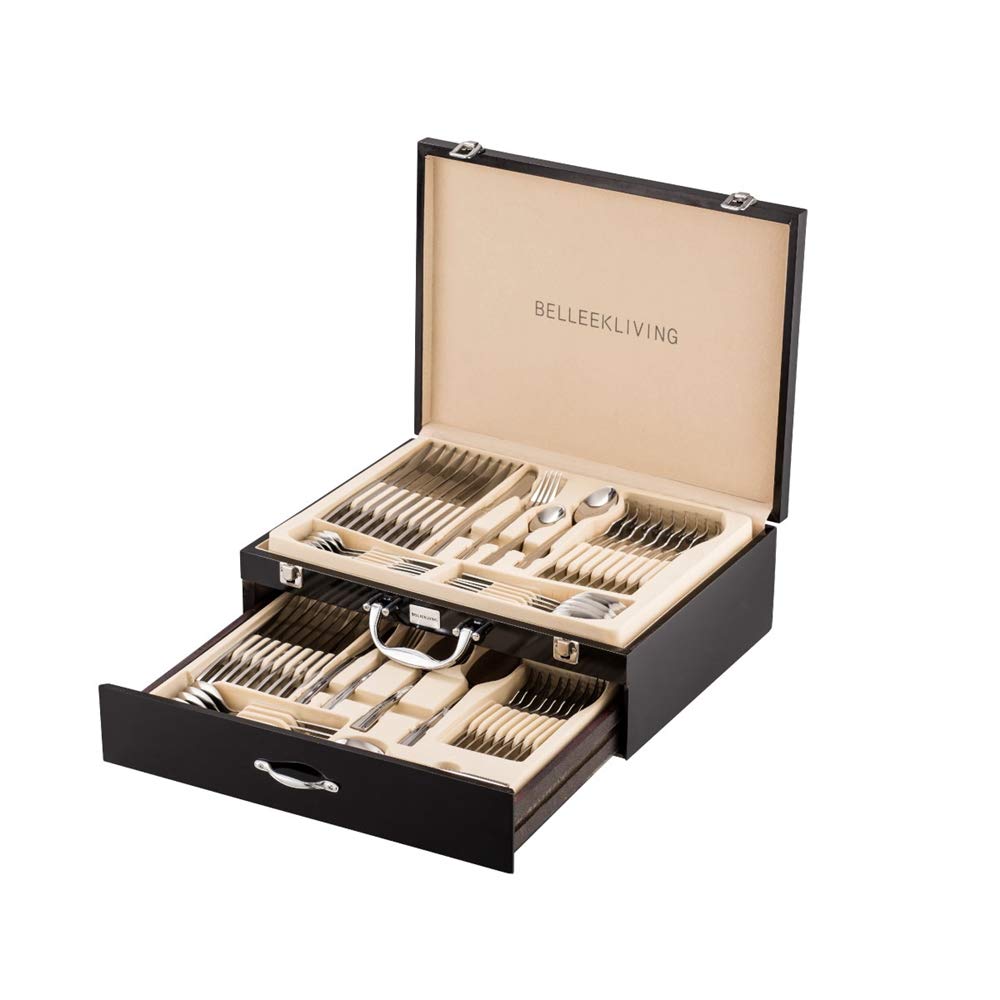 Belleek Occasions 72-Piece Stainless Steel Cutlery Set - 18/10 Polished Flatware Set with Wooden Organizer - Dishwasher Safe Utensils for Dinner Parties, Weddings & Home Dining