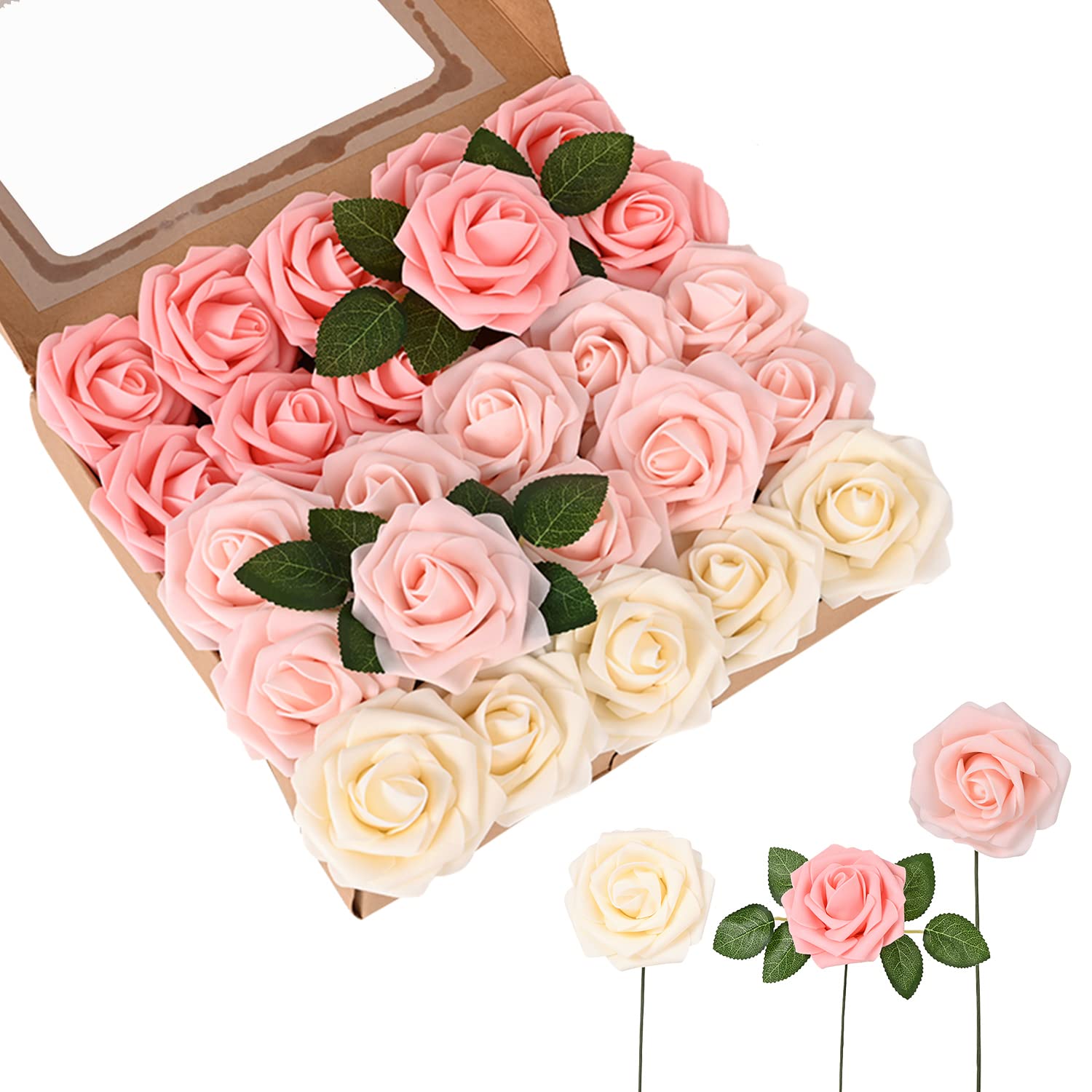 LIVILAN 25pcs Artificial Roses Fake Flowers - Blush Pink Roses Bouquet for Wedding, Party, Cake Decor, Table Centerpieces, Floral Arrangements, Home Decor (Perfect for Bridal Showers, Baby Showers & DIY Crafts)