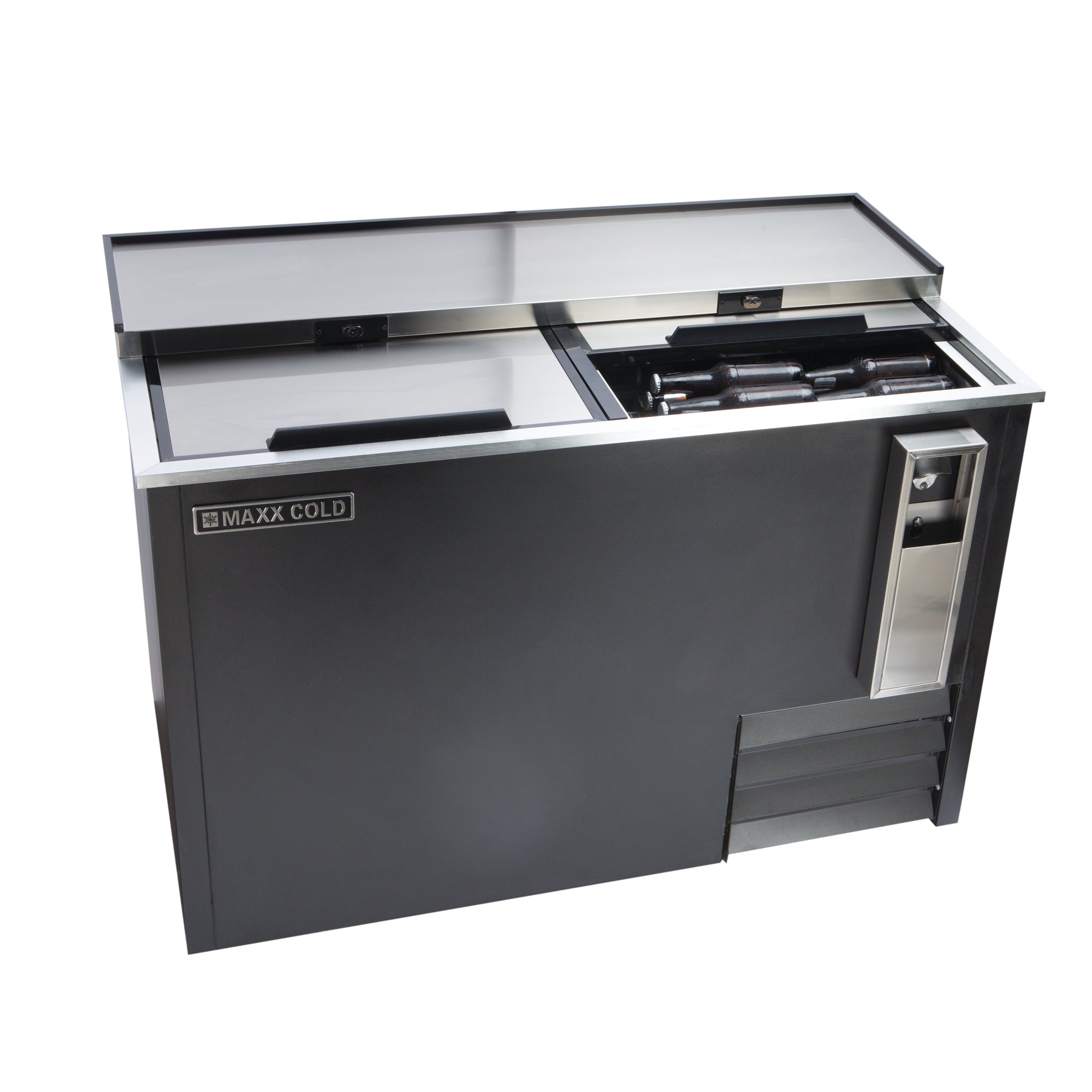 Maxx Cold MXCR50BHC 50W Horizontal Bottle Cooler - 14 cu. ft. Black Commercial Beverage Refrigerator with Stainless Steel Top & Interior - Perfect for Bars, Restaurants, and Convenience Stores