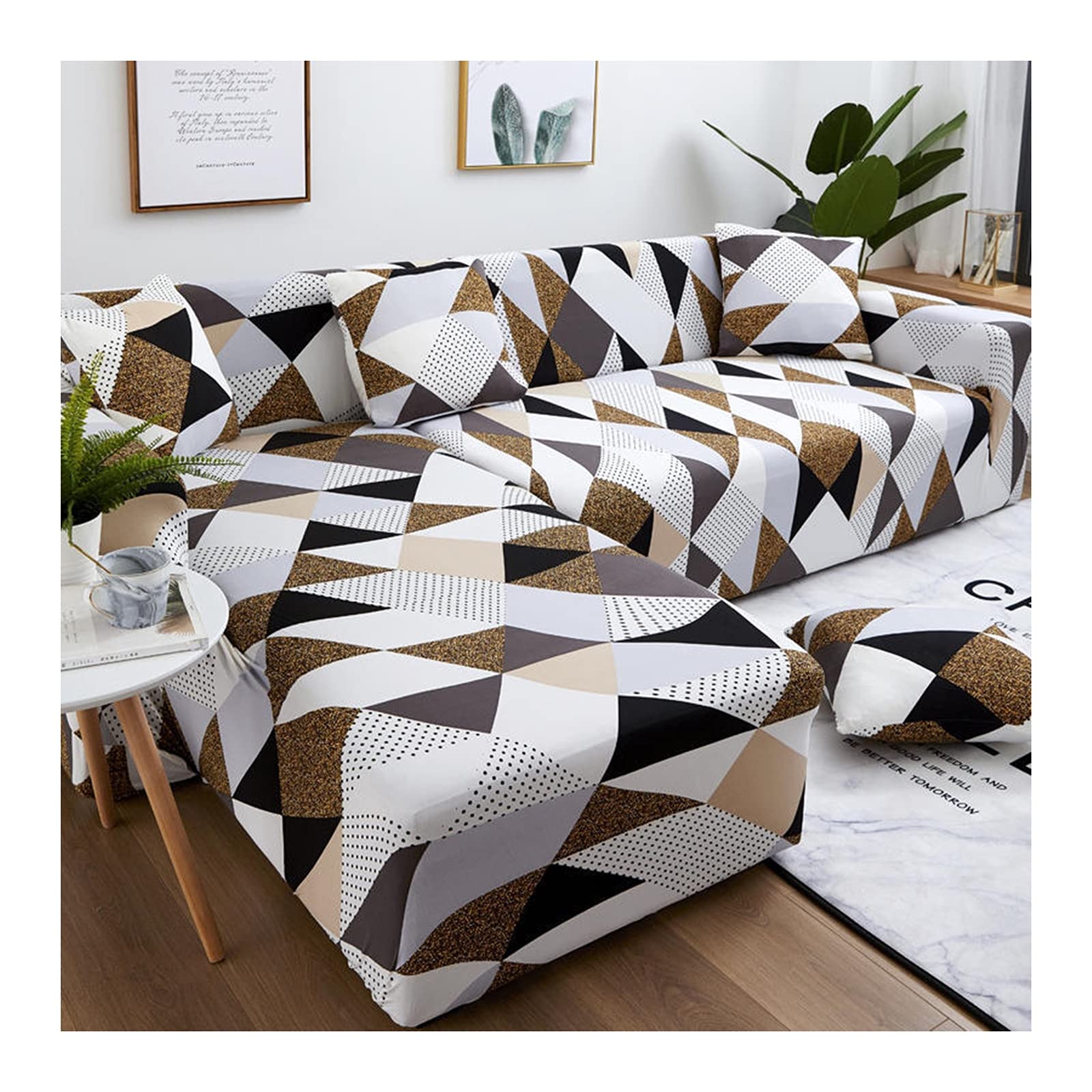 Daesar Stretch Sofa Cover - Geometric Triangle Design, Polyester Fabric for 4-Seater Couches, Grey/White/Black - Perfect for Living Room, Home Decor & Pet Protection