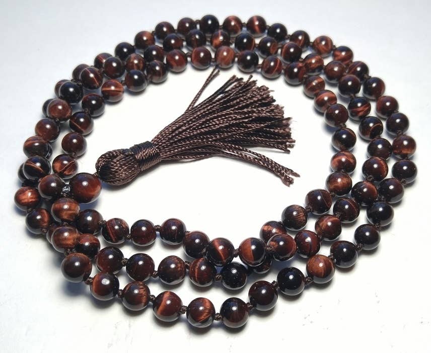 8mm Knotted Red Tiger's Eye 108 Bead Mala - Meditation, Yoga & Spiritual Healing Prayer Beads