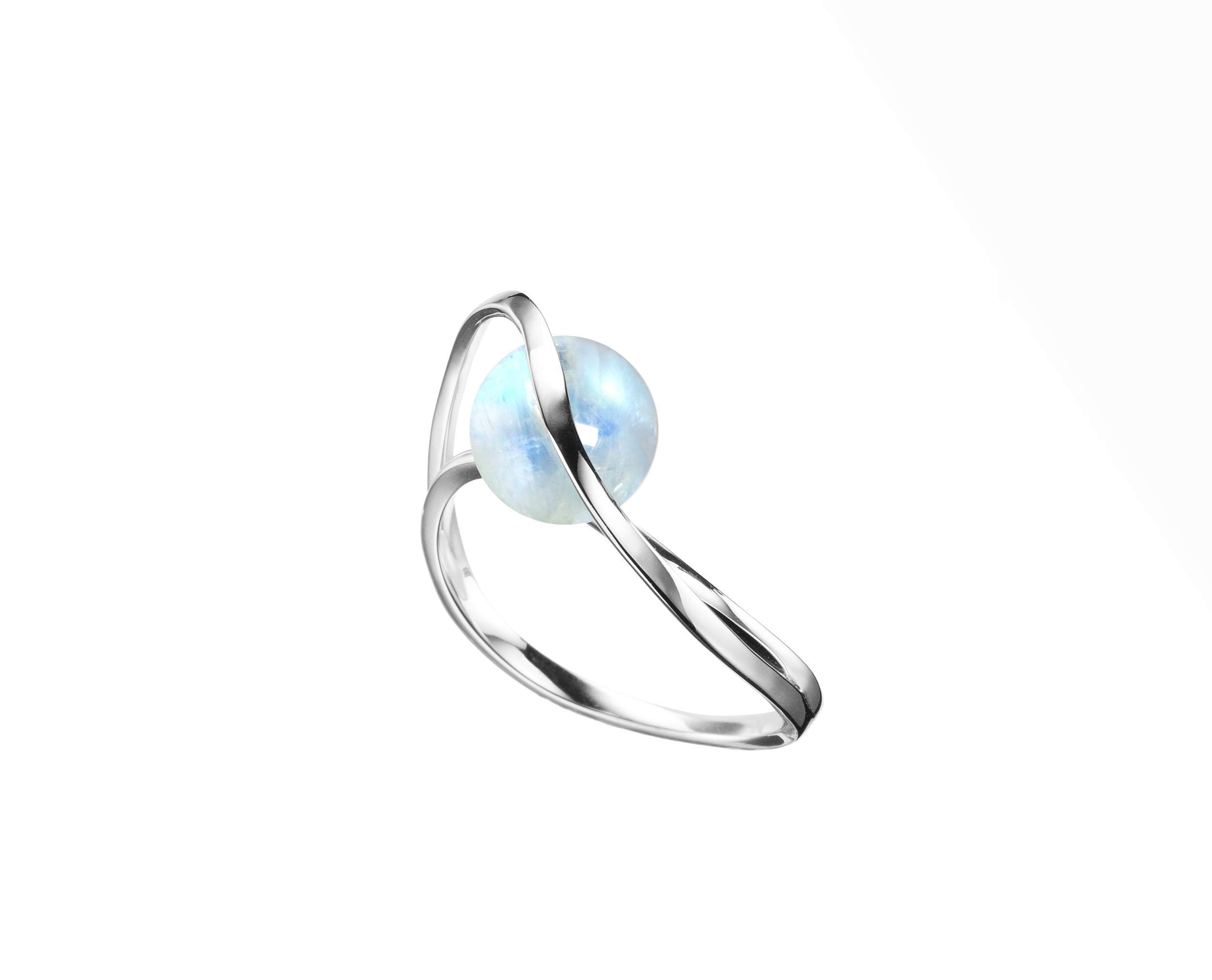 Majade Moonstone Engagement Ring – Blue Stone Promise Ring, Solitaire Rainbow Wedding Ring in Handmade 14K White Gold | Alternative Non-Diamond Engagement Ring & June Birthstone Jewelry – Perfect for Proposals, Anniversaries and Special Occasions