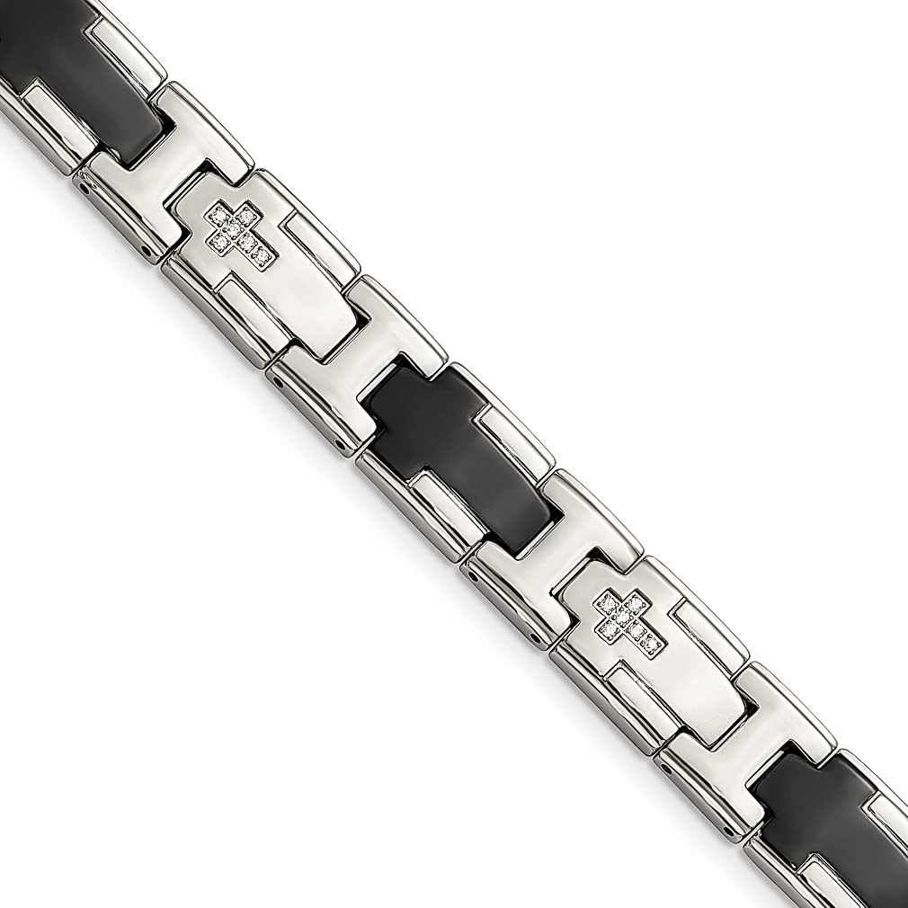ICE CARATS Stainless Steel Black Cubic Zirconia Cz 8.5 Inch Cross Link Bracelet - Religious Jewelry for Men, Fashionable Gift for Dad, Him - Perfect for Church, Weddings & Special Occasions