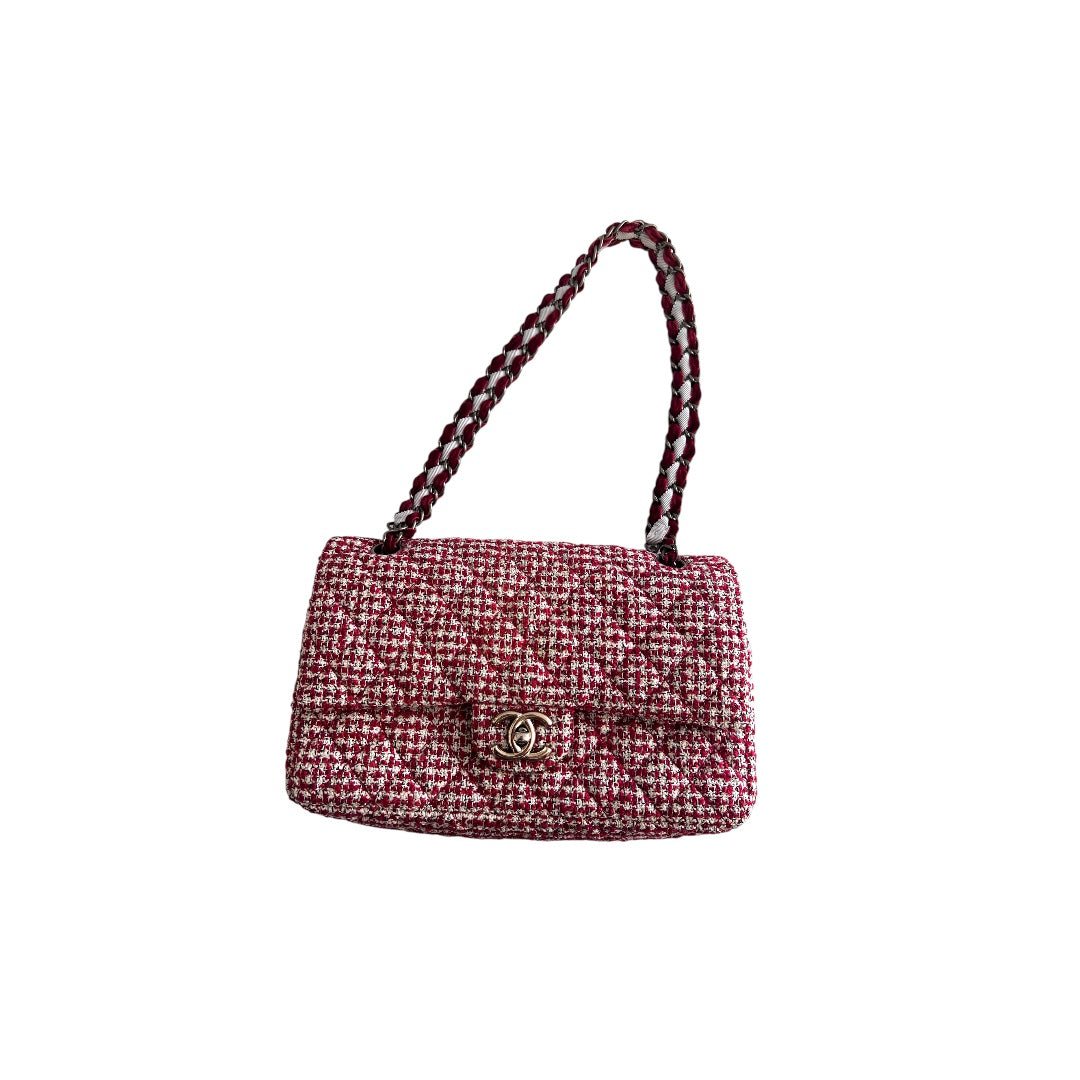 Chanel Red Velvet Chain Double Flap Tweed Bag - Luxury Designer Handbag for Women, Perfect for Parties, Weddings & Special Occasions