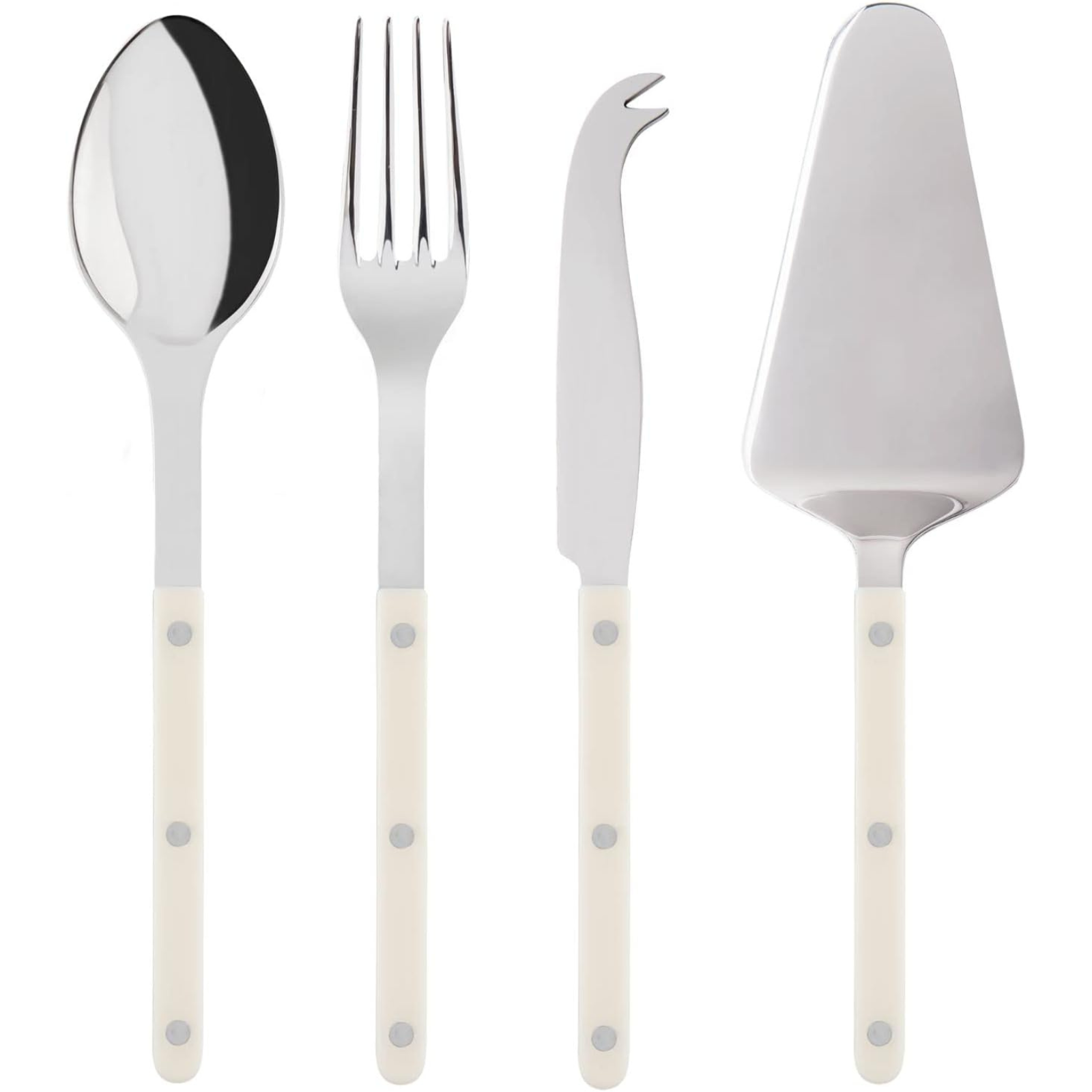4-Piece Stainless Steel & Nylon Bistro Serving Set - 2 Flatware, Serrated Pie Server, Large Cheese Knife - Dishwasher Safe, Ivory Brilliant Finish - Perfect for Dinner Parties, Cheese Platters & Dessert Serving