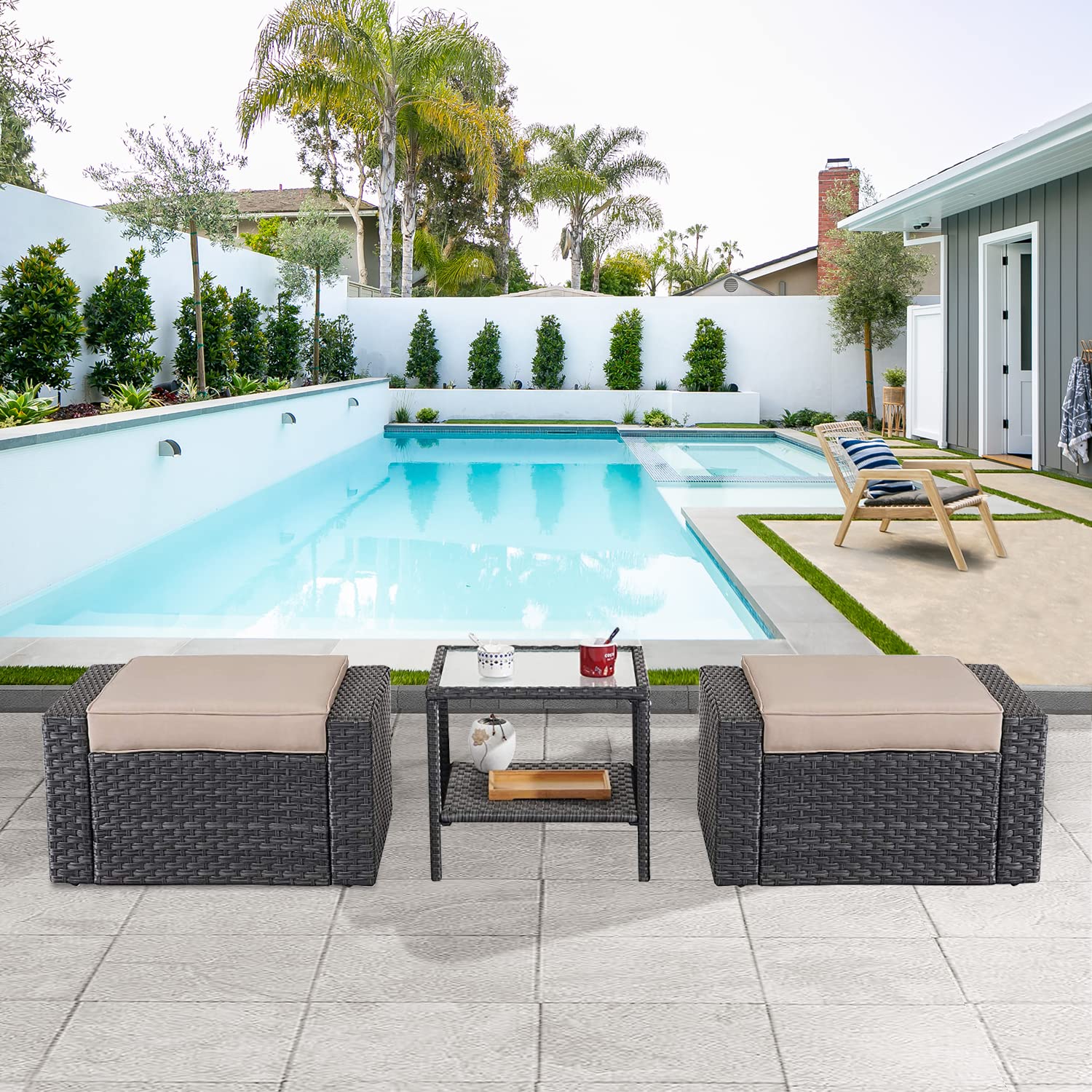 3-Piece All-Weather Outdoor Patio Furniture Set with Rattan Ottoman Seats & Glass Table - Waterproof Wicker Footstools with Removable Cushions for Garden, Poolside & Deck Relaxation