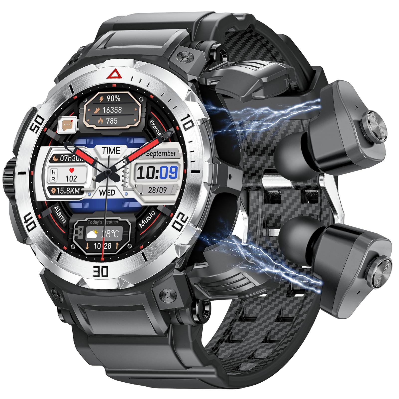 3 in 1 Smart Watch for Men with Wireless Earbuds - Military Rugged Bluetooth Fitness Tracker, IP67 Waterproof, Compatible with Android & iOS - Perfect for Outdoor Sports, Running & Daily Use (Silver)