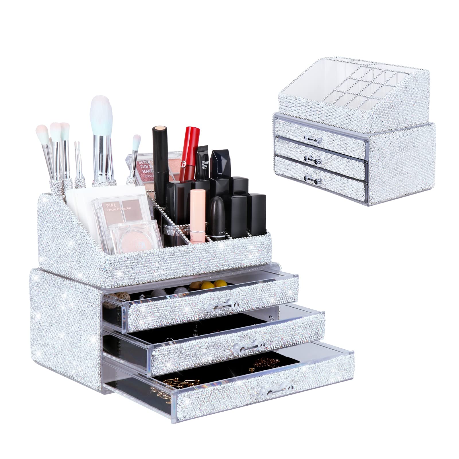 Makeup Organizers & Jewelry Storage Box - 3-Tier Cosmetic Drawer with Brush Holder, Bling Diamond Countertop Display Case for Women & Girls (New White) | Perfect for Vanity, Bathroom, Dorm Room & Travel