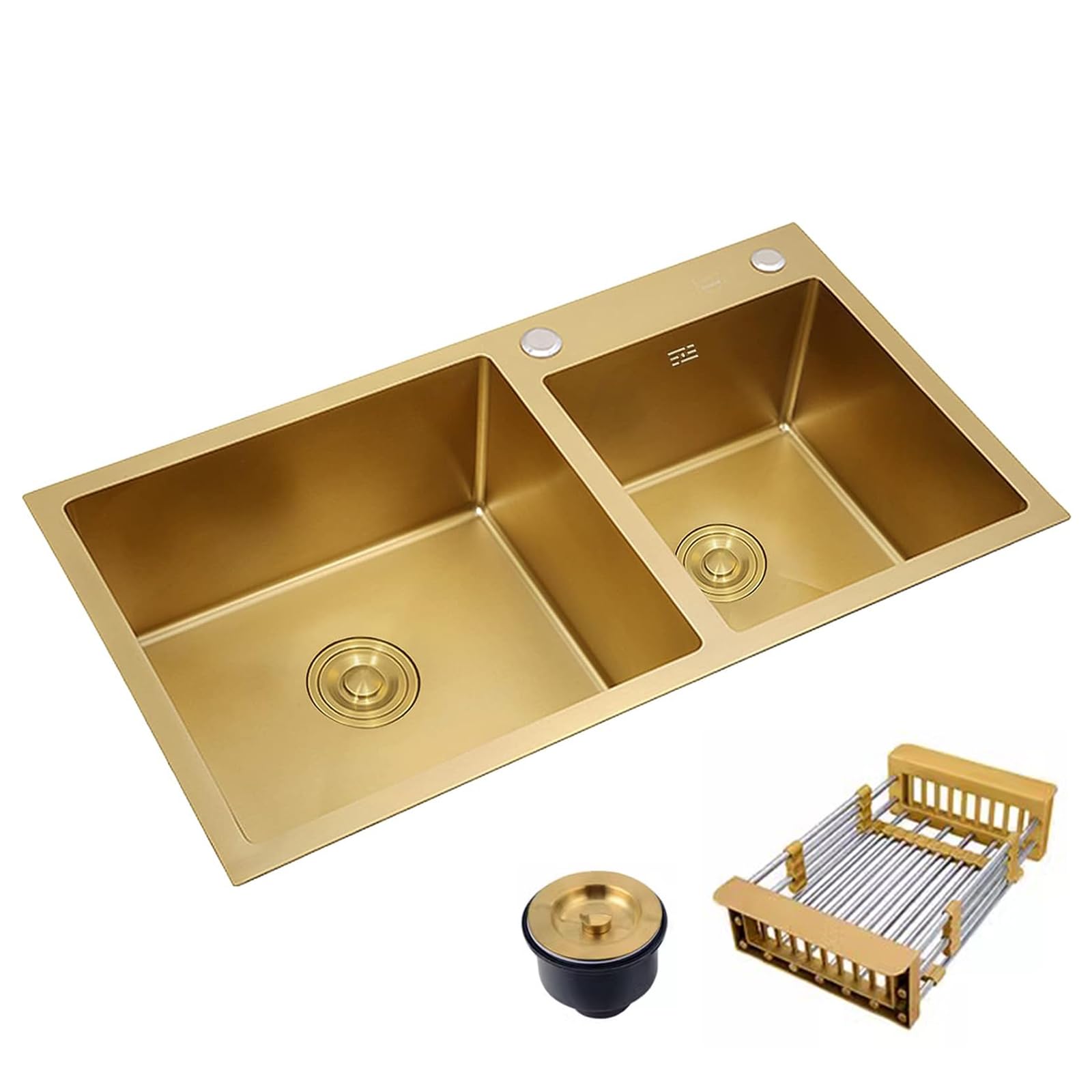 Premium Double Bowl Gold Stainless Steel Kitchen Sink - 32.3x17.7 Inch Top Mount/Drop-in Design with Drain Basket & Stopper - High Capacity, Rustproof, Easy Clean - Perfect for Modern Kitchens, Restaurants & RV Use