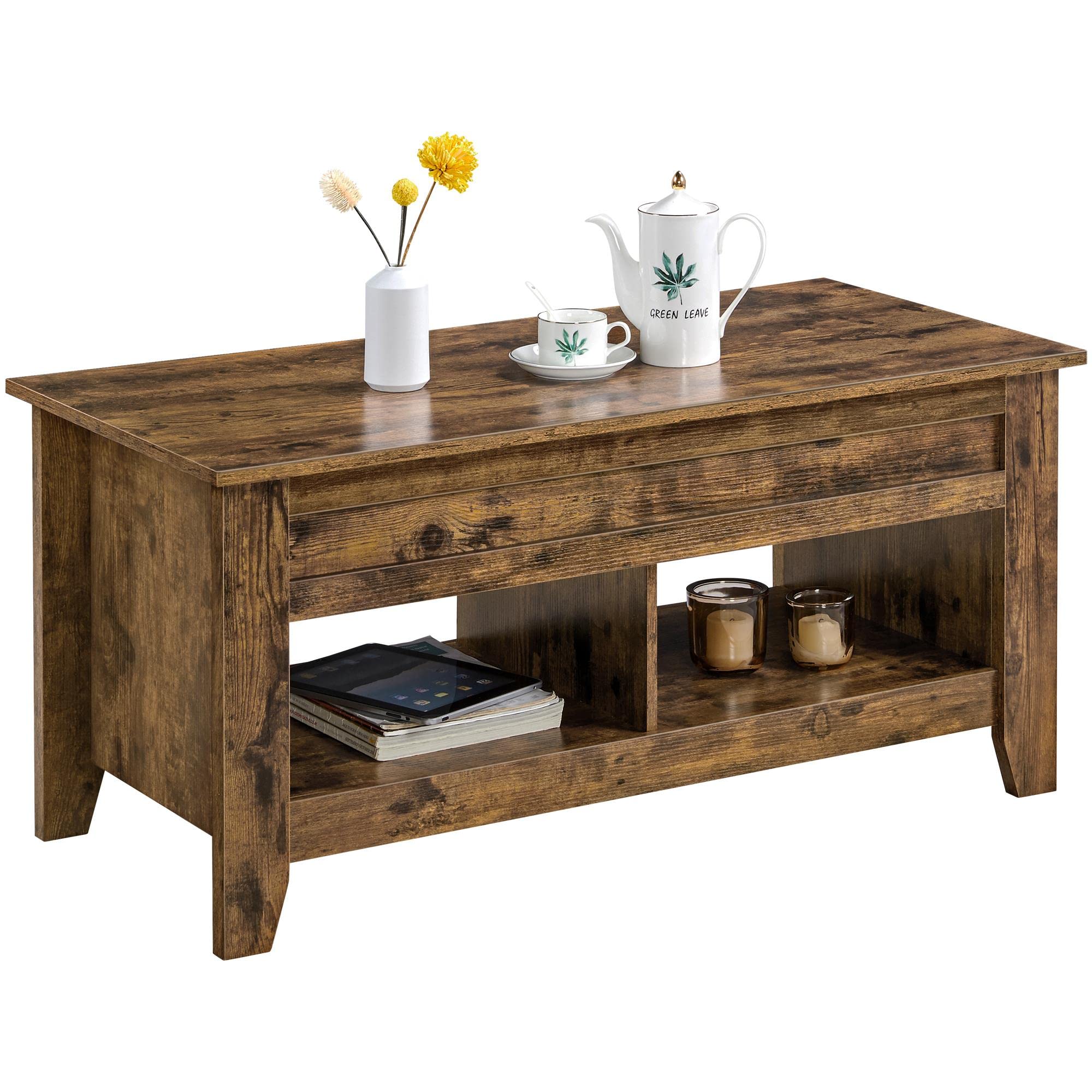 Rustic Lift Top Coffee Table with Hidden Storage & 2 Open Shelves - Solid Wood Dining Table for Living Room, Reception Room, Office - Perfect for Small Space Storage & Entertaining Guests (Brown)